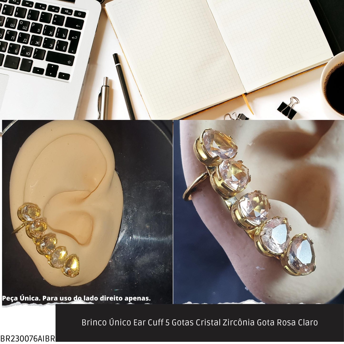 Brinco Único Ear Cuff 5 Gotas Cristal Zircônia Gota Rosa Claro  - Código.: BR230076AIBR  - Peso.: 2.8 gr