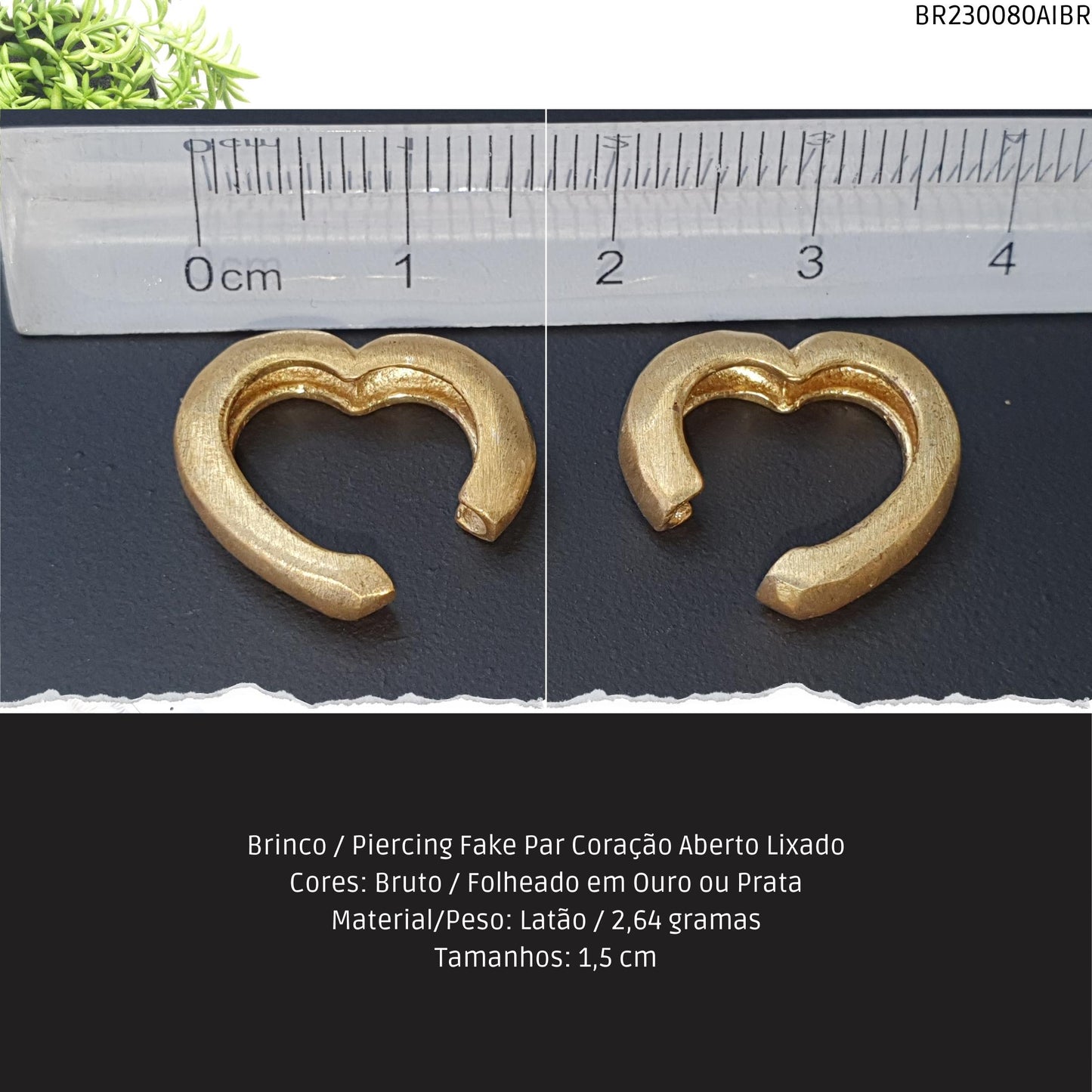 Brinco / Piercing Fake Par Coração Aberto Lixado  - Código.: BR230080AIBR  - Peso.: 2.6 gr