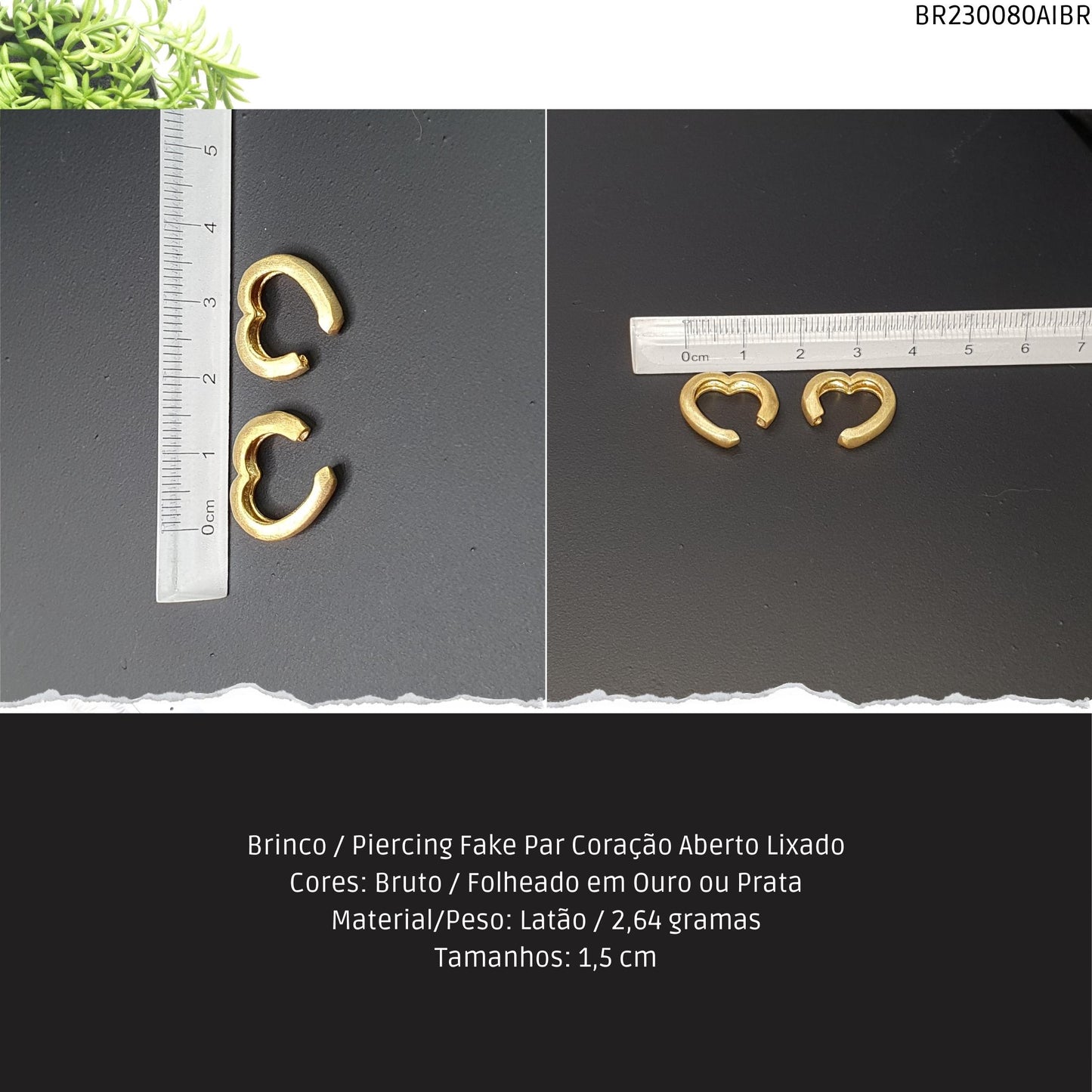 Brinco / Piercing Fake Par Coração Aberto Lixado  - Código.: BR230080AIBR  - Peso.: 2.6 gr