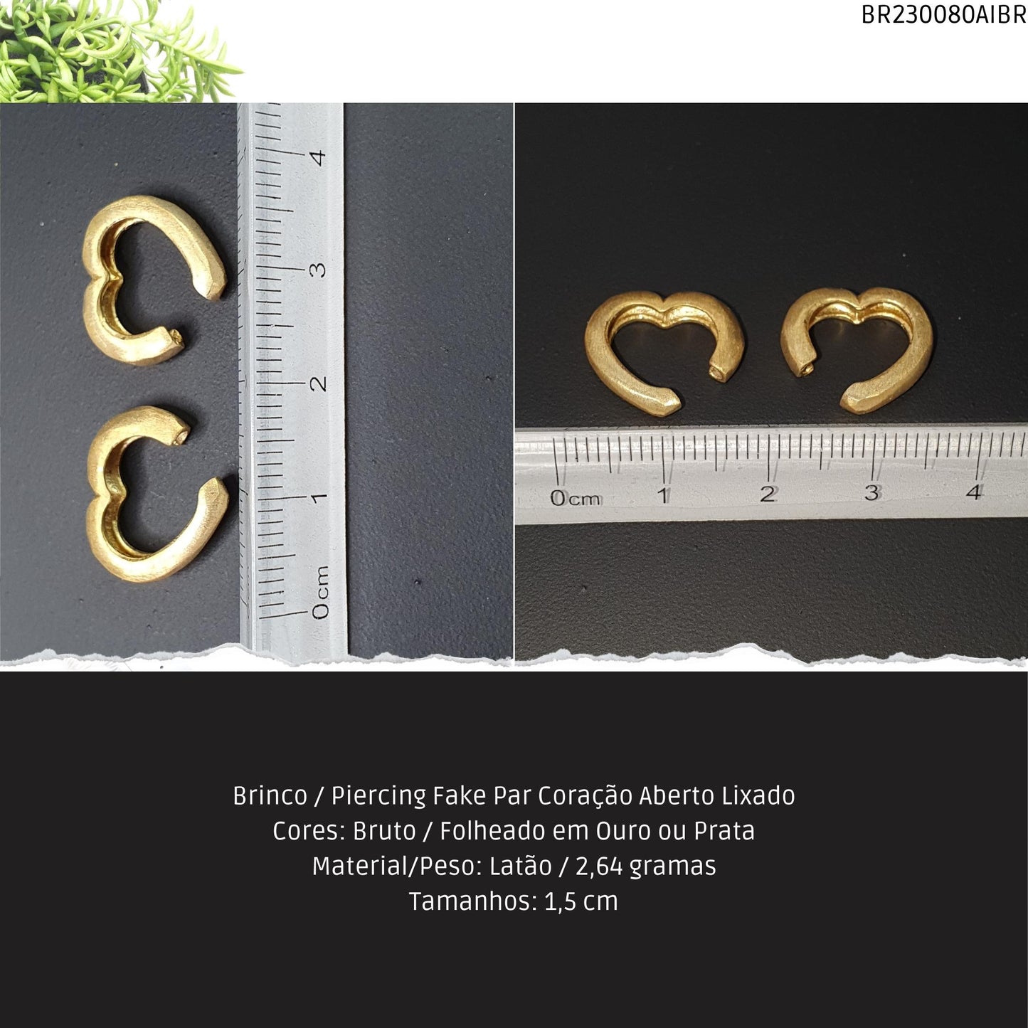 Brinco / Piercing Fake Par Coração Aberto Lixado  - Código.: BR230080AIBR  - Peso.: 2.6 gr