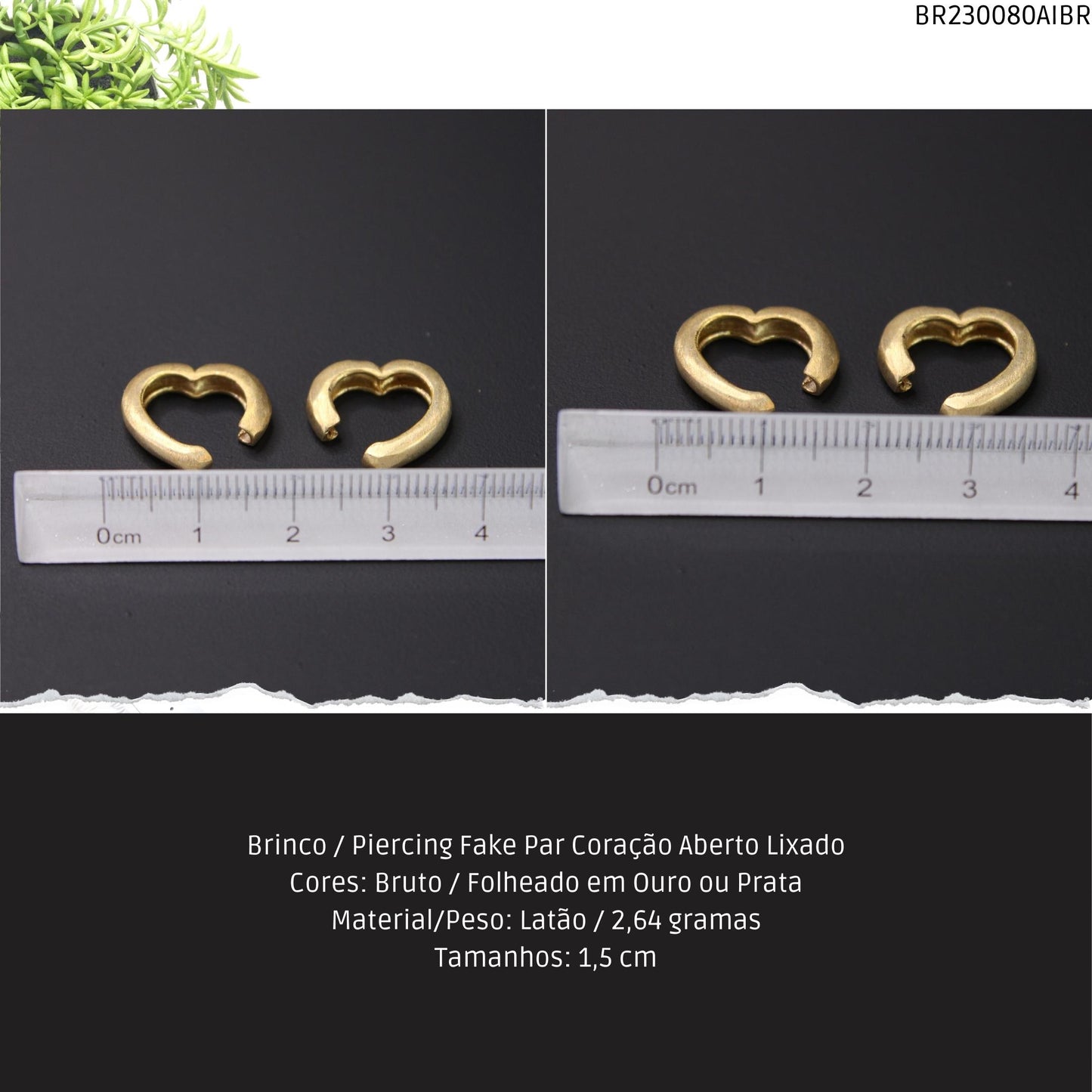 Brinco / Piercing Fake Par Coração Aberto Lixado  - Código.: BR230080AIBR  - Peso.: 2.6 gr