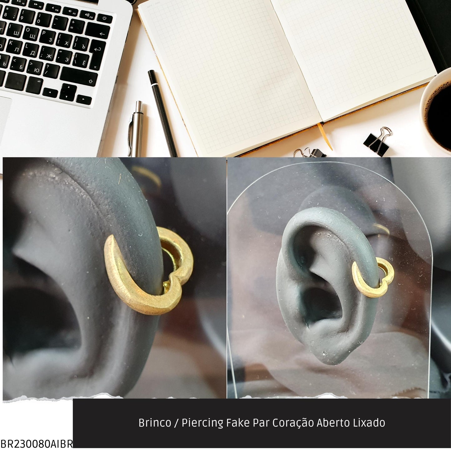 Brinco / Piercing Fake Par Coração Aberto Lixado  - Código.: BR230080AIBR  - Peso.: 2.6 gr