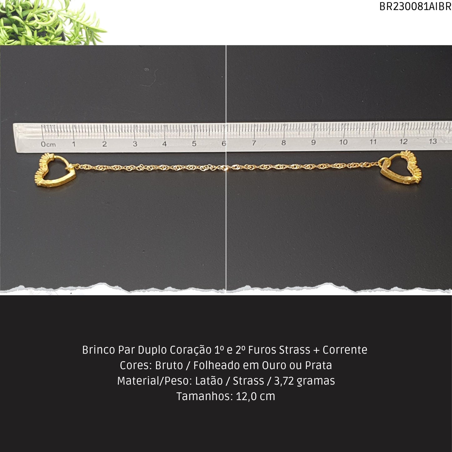 Brinco Par Duplo Coração 1º e 2º Furos Strass + Corrente   - Código.: BR230081AIBR  - Peso.: 3.7 gr