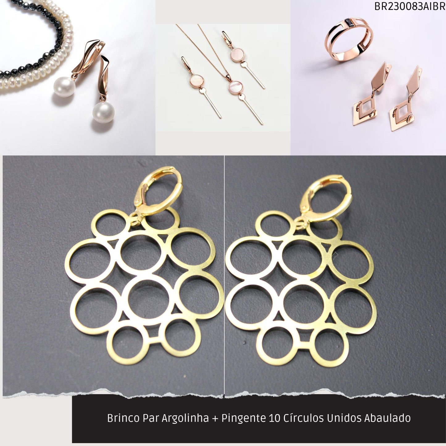 Brinco Par Argolinha + Pingente 10 Círculos Unidos Abaulado  - Código.: BR230083AIBR  - Peso.: 2.7 gr