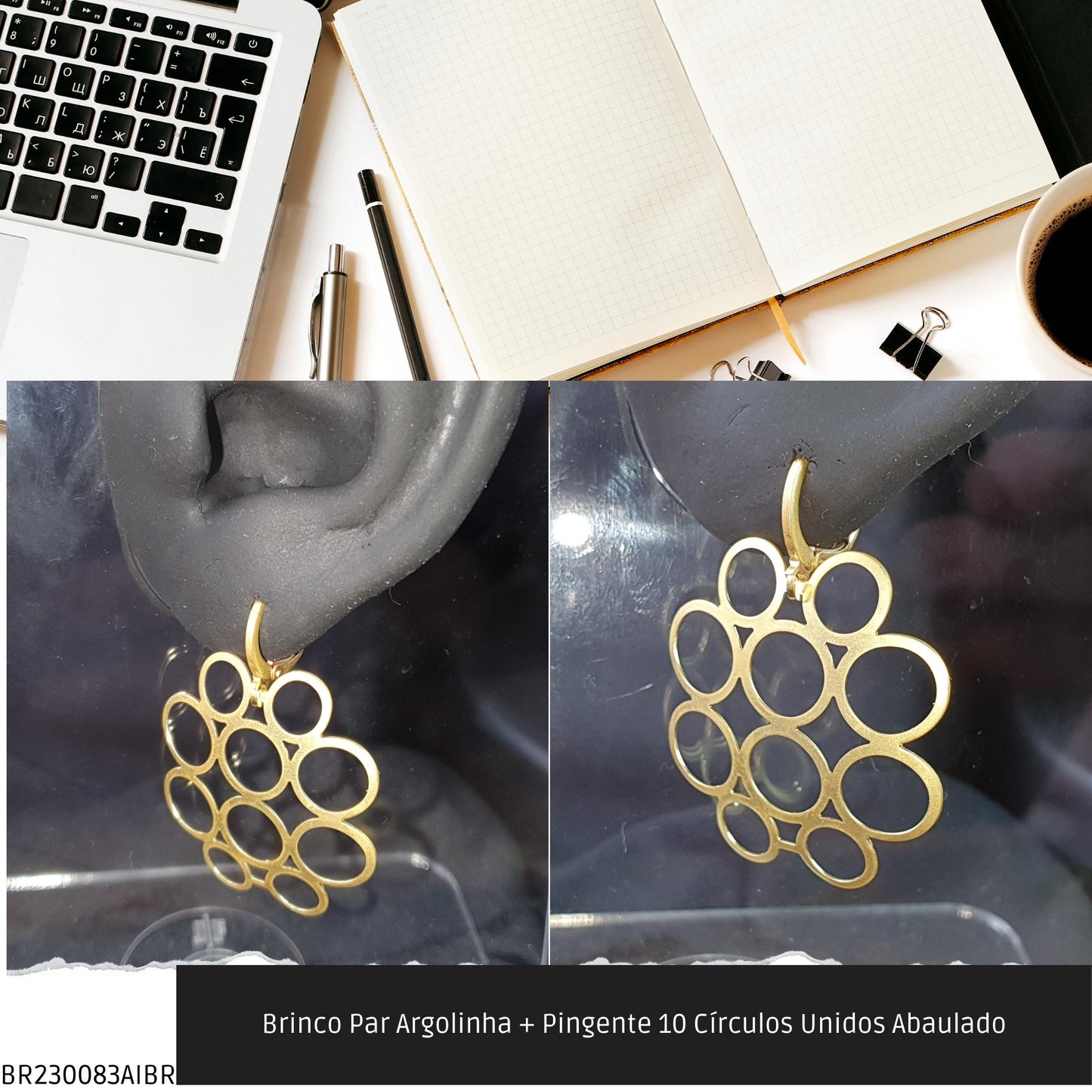 Brinco Par Argolinha + Pingente 10 Círculos Unidos Abaulado  - Código.: BR230083AIBR  - Peso.: 2.7 gr
