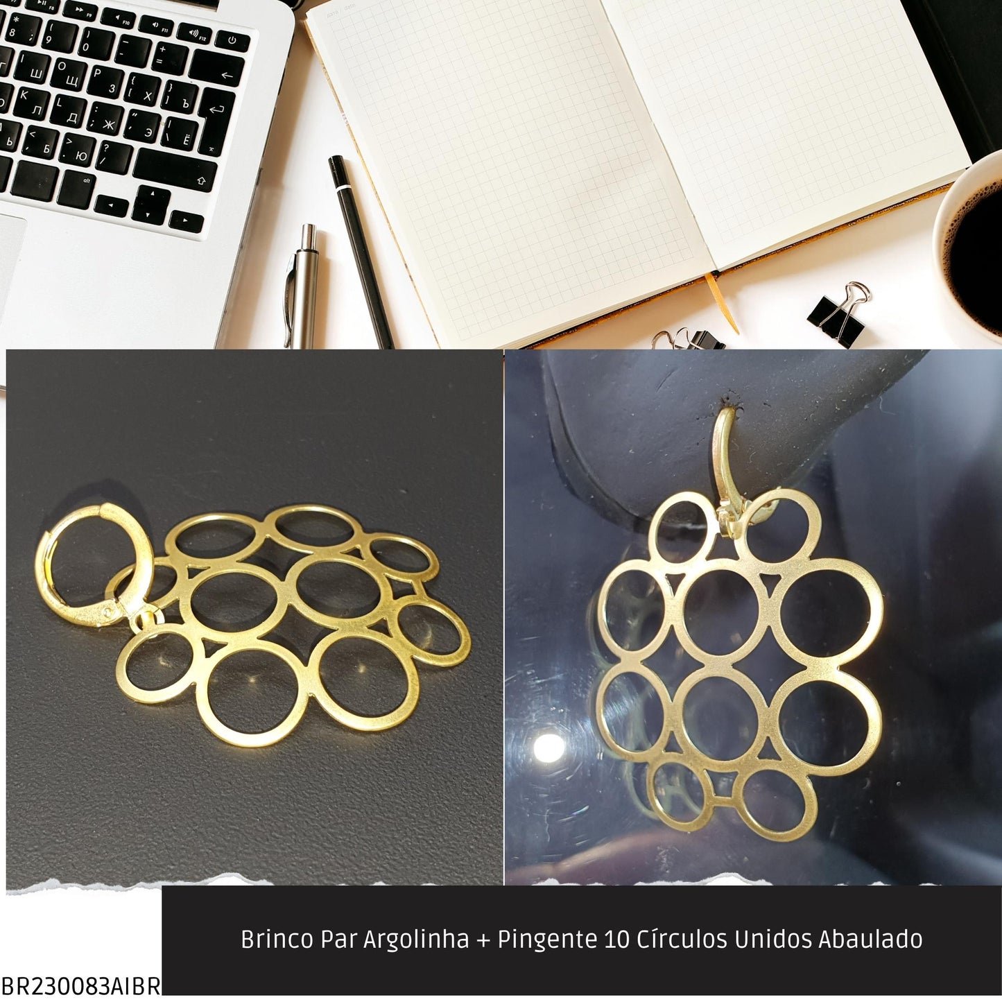 Brinco Par Argolinha + Pingente 10 Círculos Unidos Abaulado  - Código.: BR230083AIBR  - Peso.: 2.7 gr