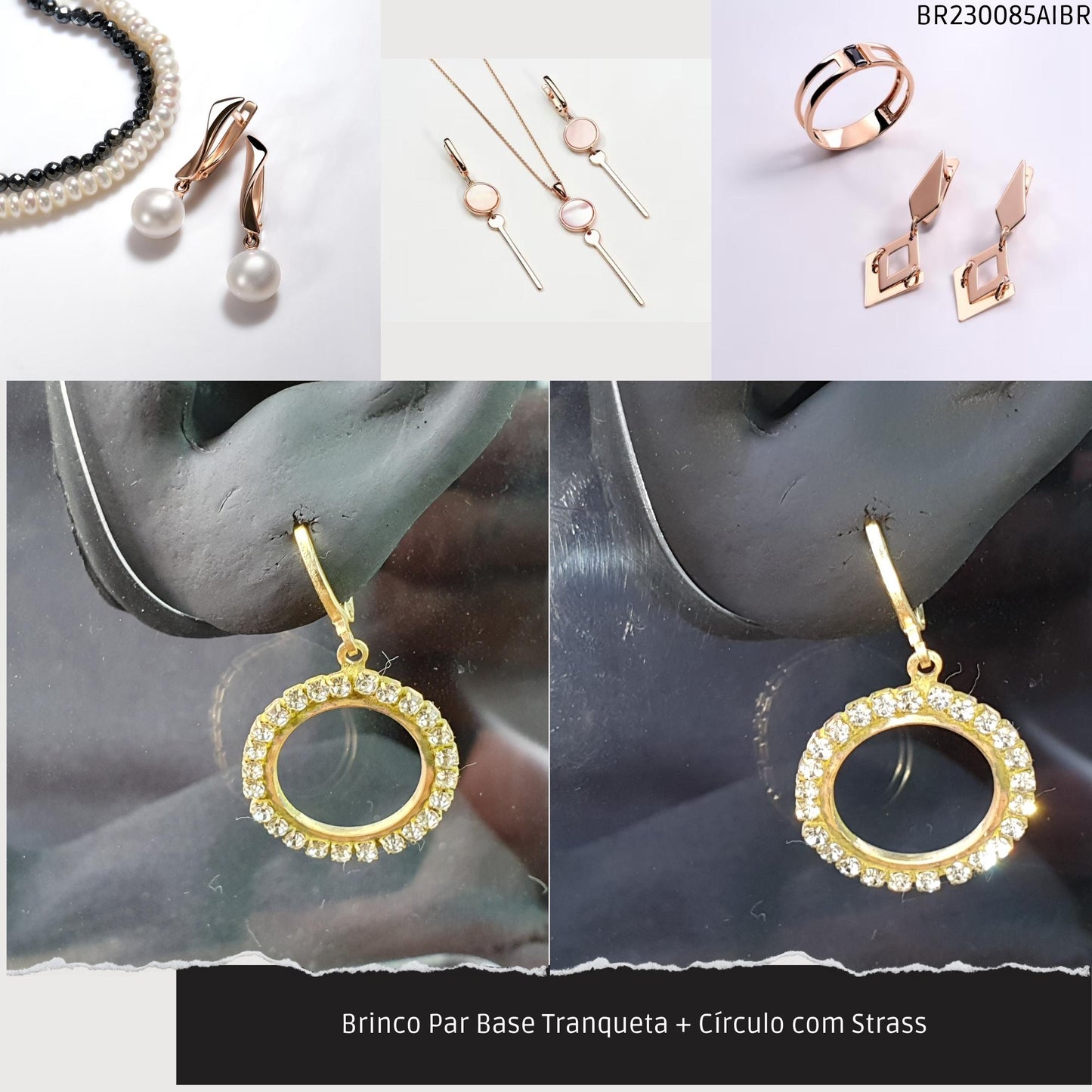 Brinco Par Base Tranqueta + Círculo com Strass  - Código.: BR230085AIBR  - Peso.: 4.4 gr
