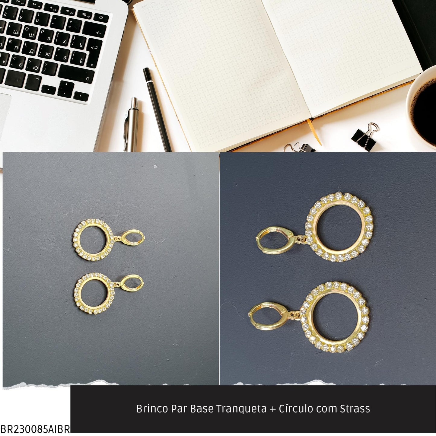 Brinco Par Base Tranqueta + Círculo com Strass  - Código.: BR230085AIBR  - Peso.: 4.4 gr