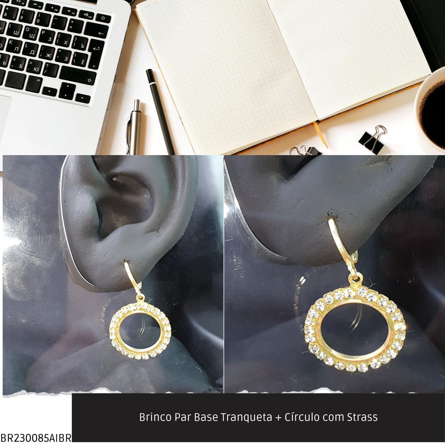 Brinco Par Base Tranqueta + Círculo com Strass  - Código.: BR230085AIBR  - Peso.: 4.4 gr