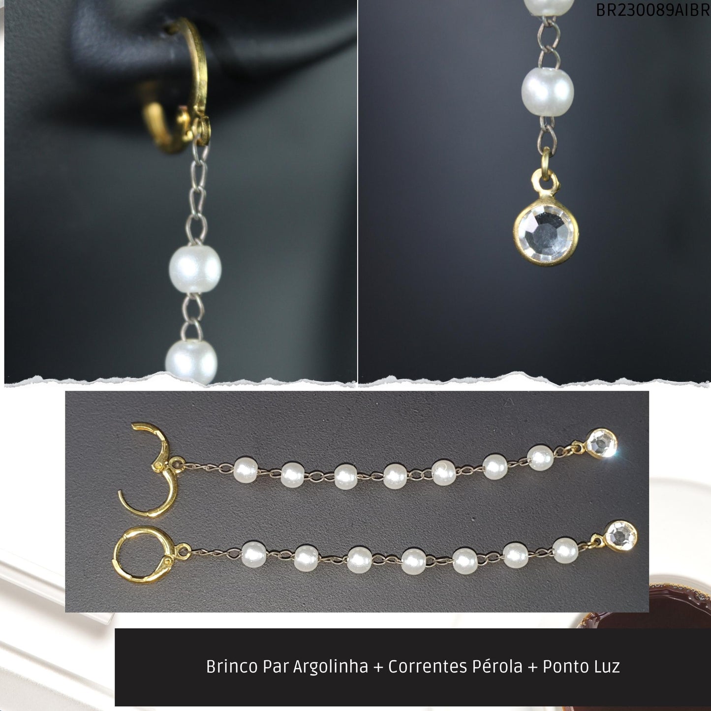 Brinco Par Argolinha + Correntes Pérola + Ponto Luz  - Código.: BR230089AIBR  - Peso.: 3.7 gr