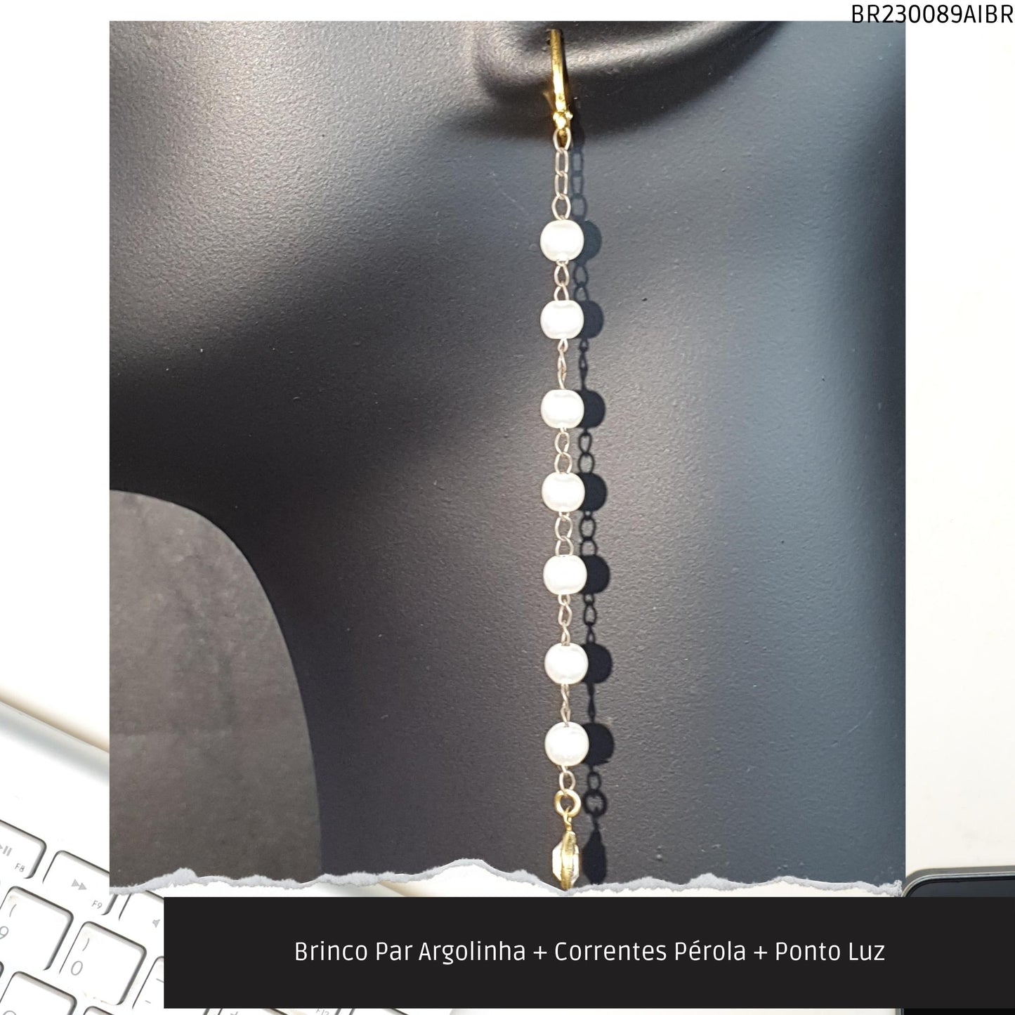 Brinco Par Argolinha + Correntes Pérola + Ponto Luz  - Código.: BR230089AIBR  - Peso.: 3.7 gr