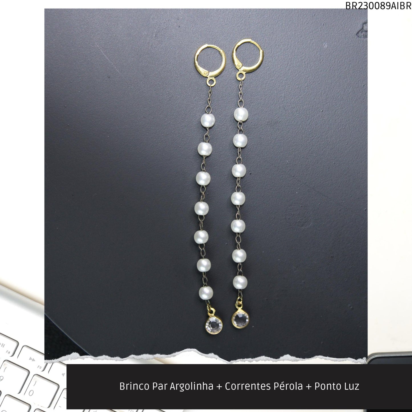 Brinco Par Argolinha + Correntes Pérola + Ponto Luz  - Código.: BR230089AIBR  - Peso.: 3.7 gr