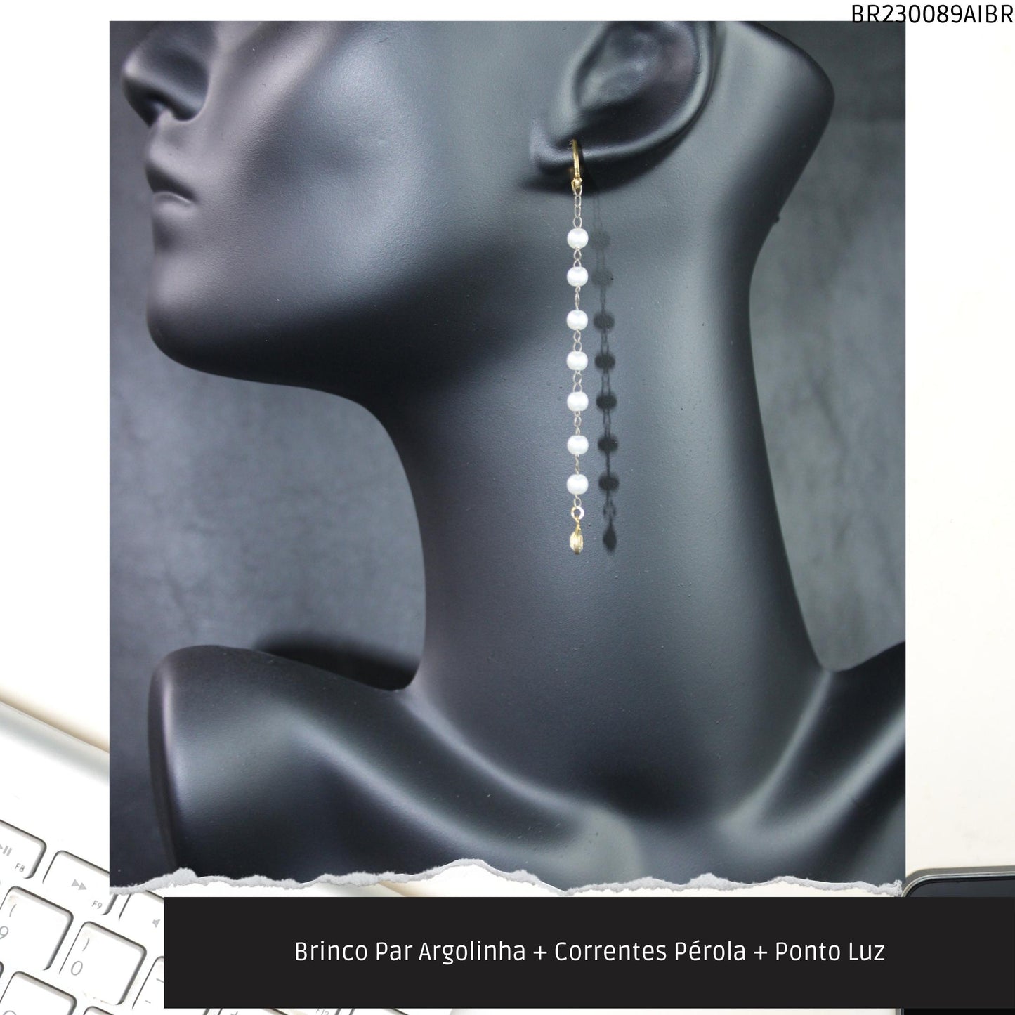 Brinco Par Argolinha + Correntes Pérola + Ponto Luz  - Código.: BR230089AIBR  - Peso.: 3.7 gr