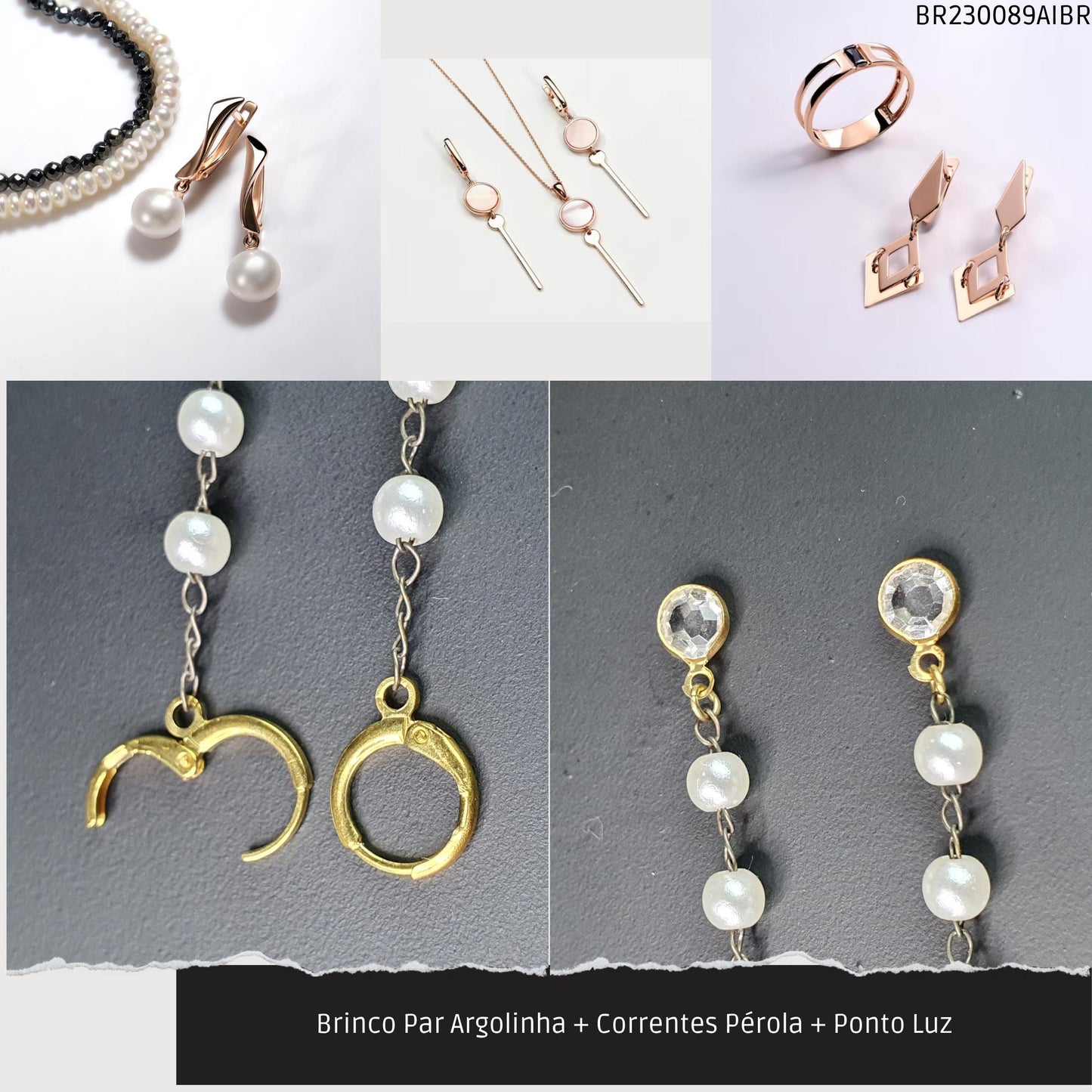 Brinco Par Argolinha + Correntes Pérola + Ponto Luz  - Código.: BR230089AIBR  - Peso.: 3.7 gr