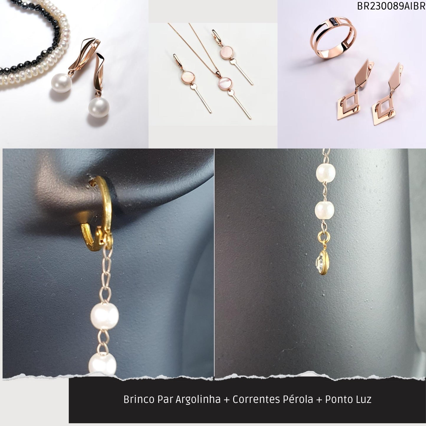 Brinco Par Argolinha + Correntes Pérola + Ponto Luz  - Código.: BR230089AIBR  - Peso.: 3.7 gr