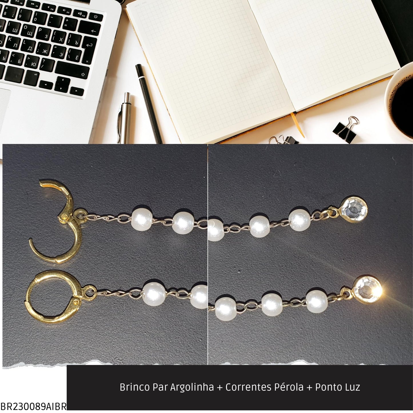 Brinco Par Argolinha + Correntes Pérola + Ponto Luz  - Código.: BR230089AIBR  - Peso.: 3.7 gr