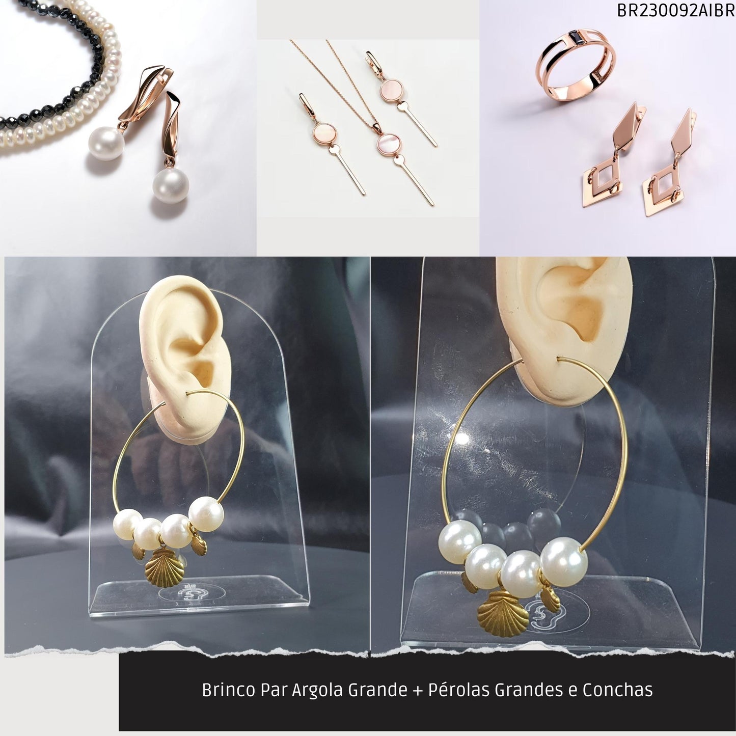 Brinco Par Argola Grande + Pérolas Grandes e Conchas  - Código.: BR230092AIBR  - Peso.: 12.7 gr
