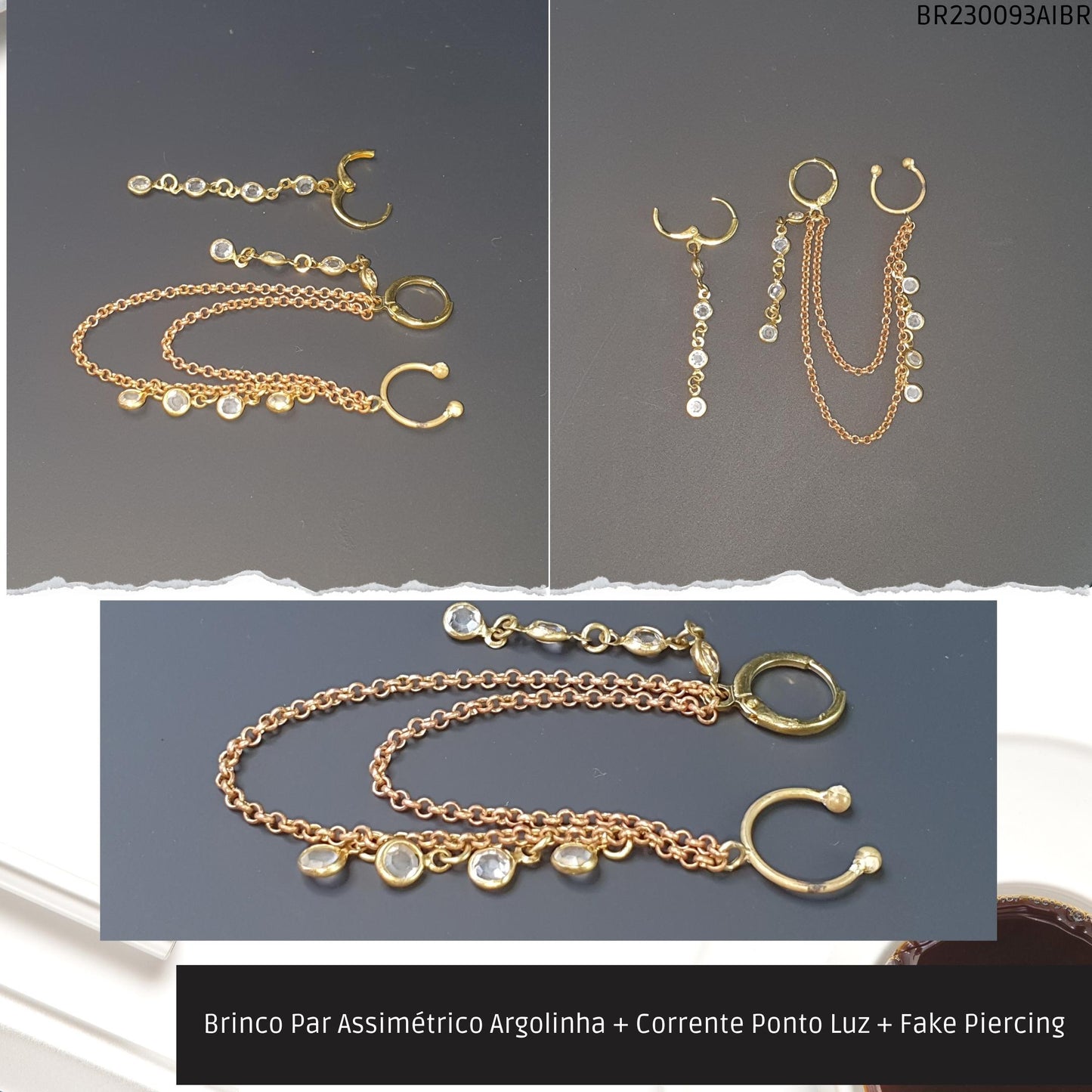 Brinco Par Assimétrico Argolinha + Corrente Ponto Luz + Fake Piercing  - Código.: BR230093AIBR  - Peso.: 3.5 gr