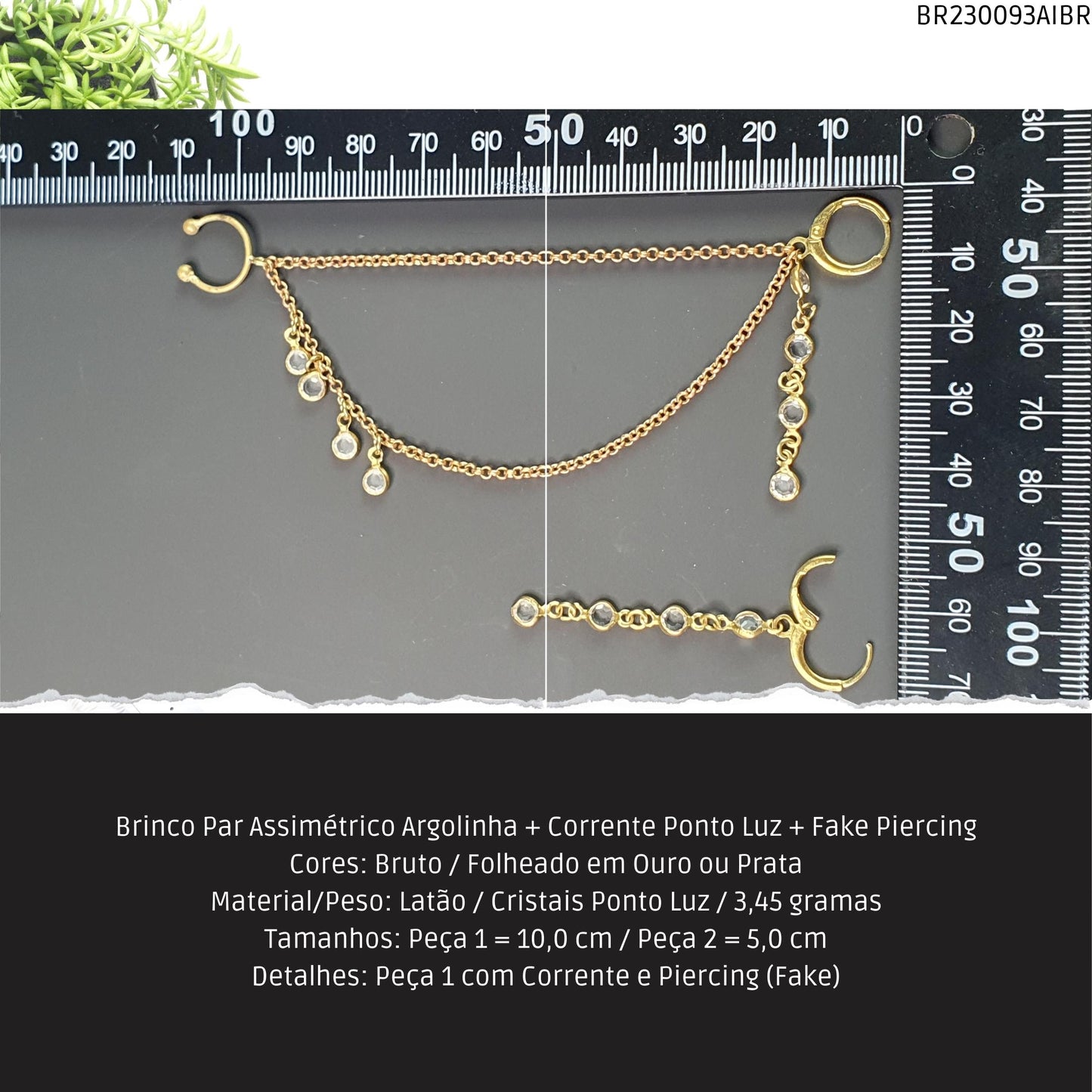 Brinco Par Assimétrico Argolinha + Corrente Ponto Luz + Fake Piercing  - Código.: BR230093AIBR  - Peso.: 3.5 gr