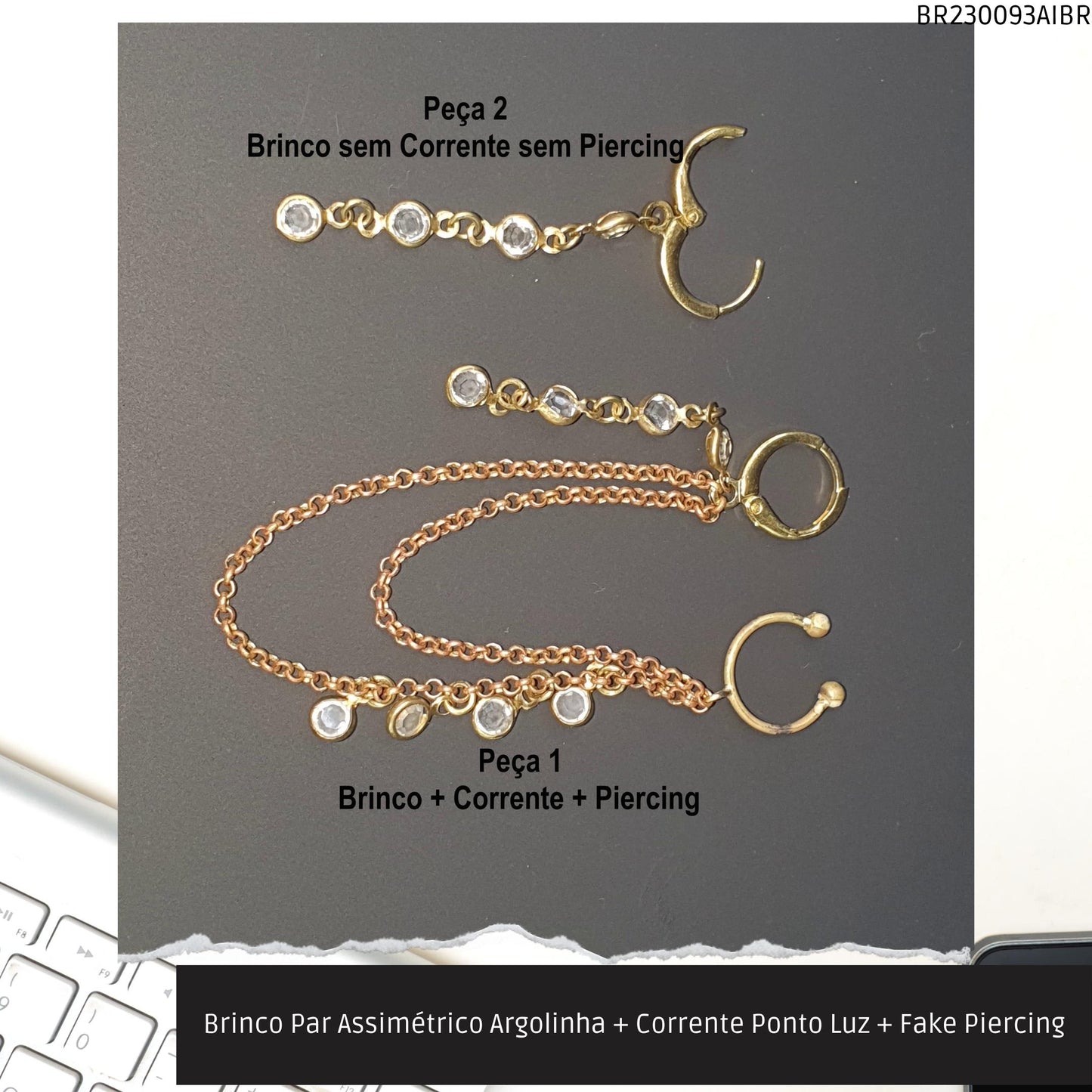 Brinco Par Assimétrico Argolinha + Corrente Ponto Luz + Fake Piercing  - Código.: BR230093AIBR  - Peso.: 3.5 gr