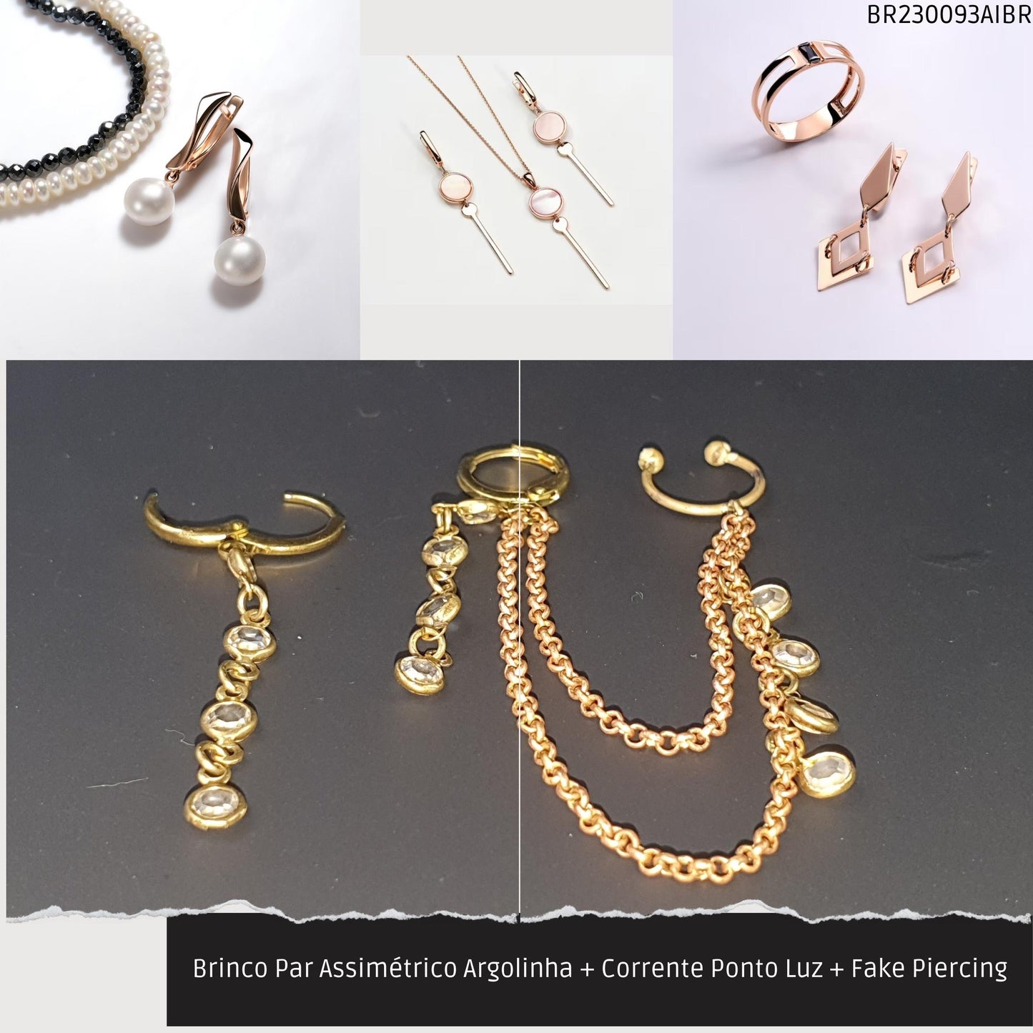 Brinco Par Assimétrico Argolinha + Corrente Ponto Luz + Fake Piercing  - Código.: BR230093AIBR  - Peso.: 3.5 gr