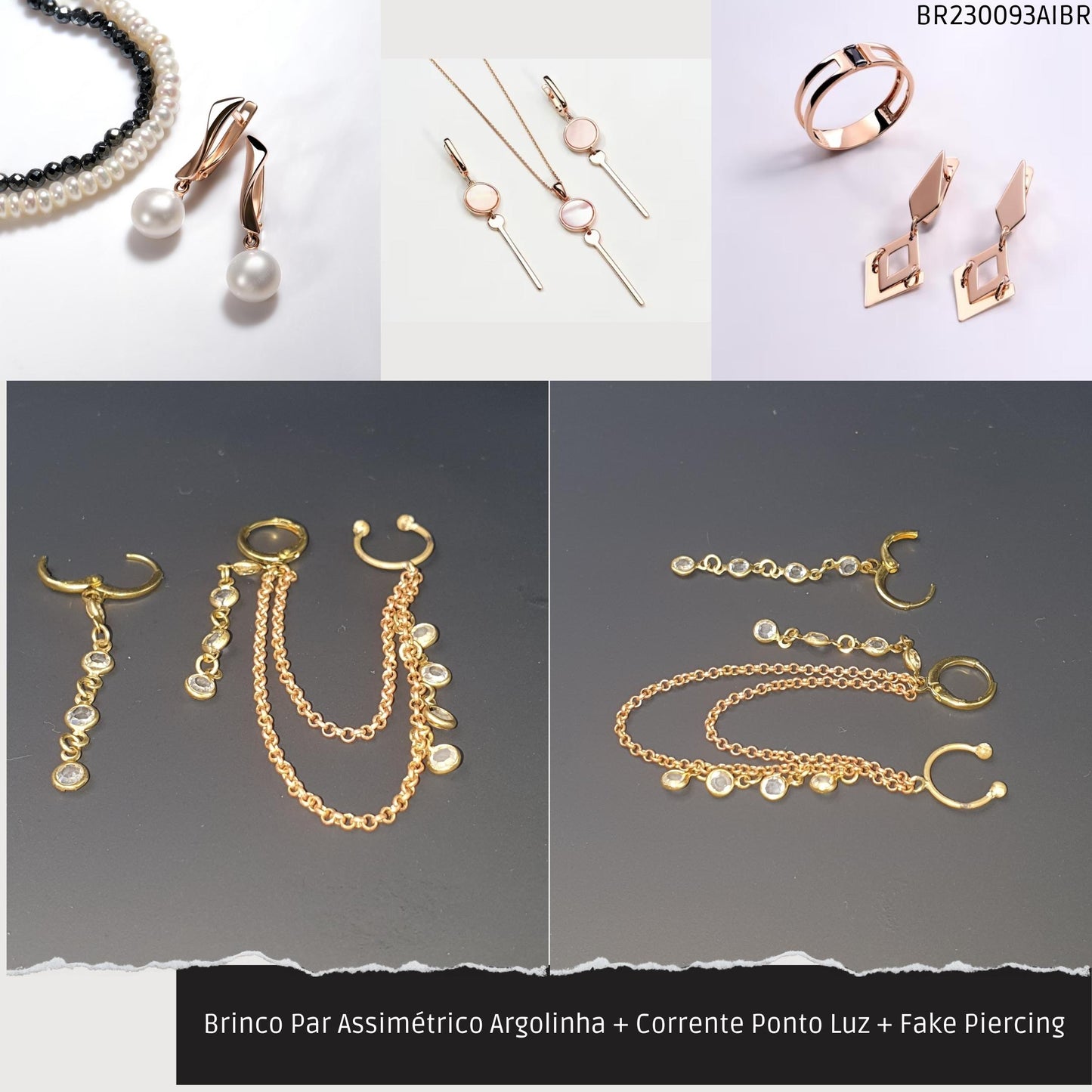 Brinco Par Assimétrico Argolinha + Corrente Ponto Luz + Fake Piercing  - Código.: BR230093AIBR  - Peso.: 3.5 gr