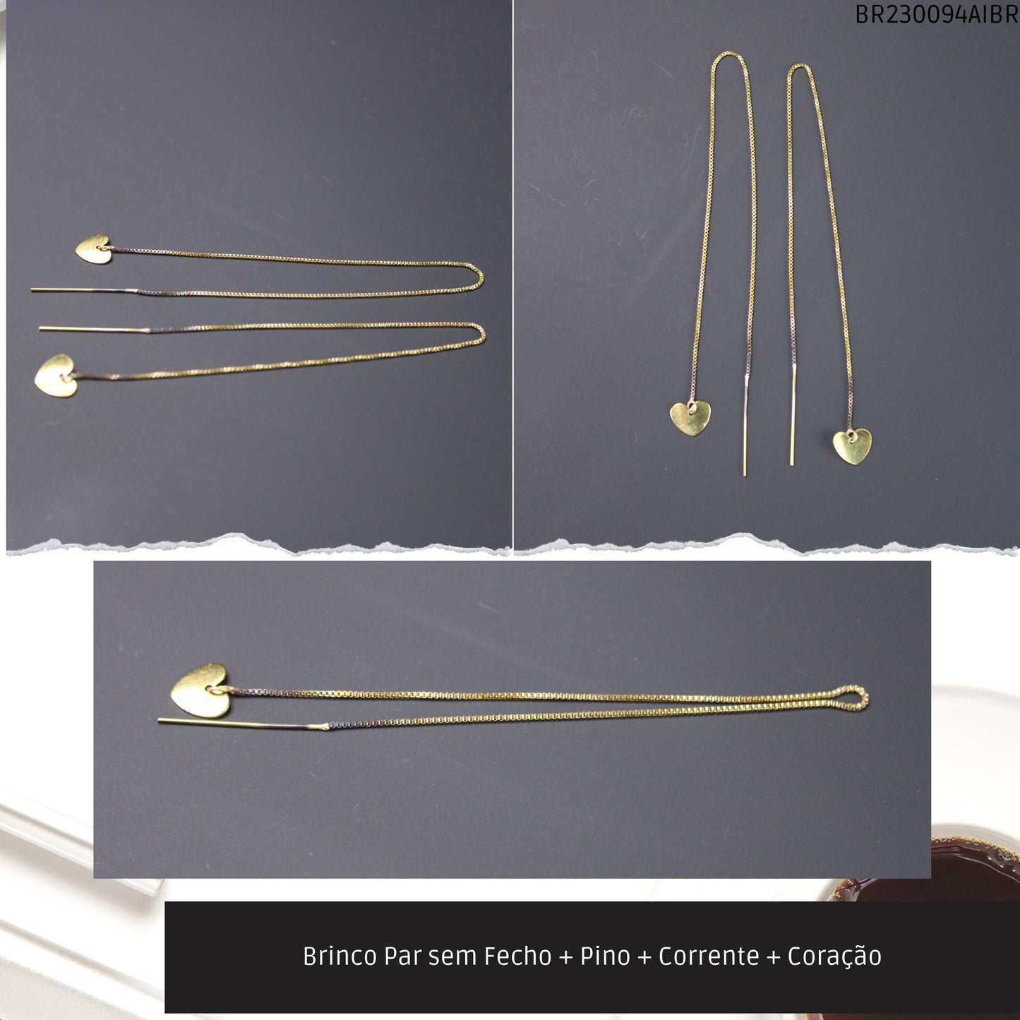 Brinco Par sem Fecho + Pino + Corrente + Coração  - Código.: BR230094AIBR  - Peso.: 1.8 gr