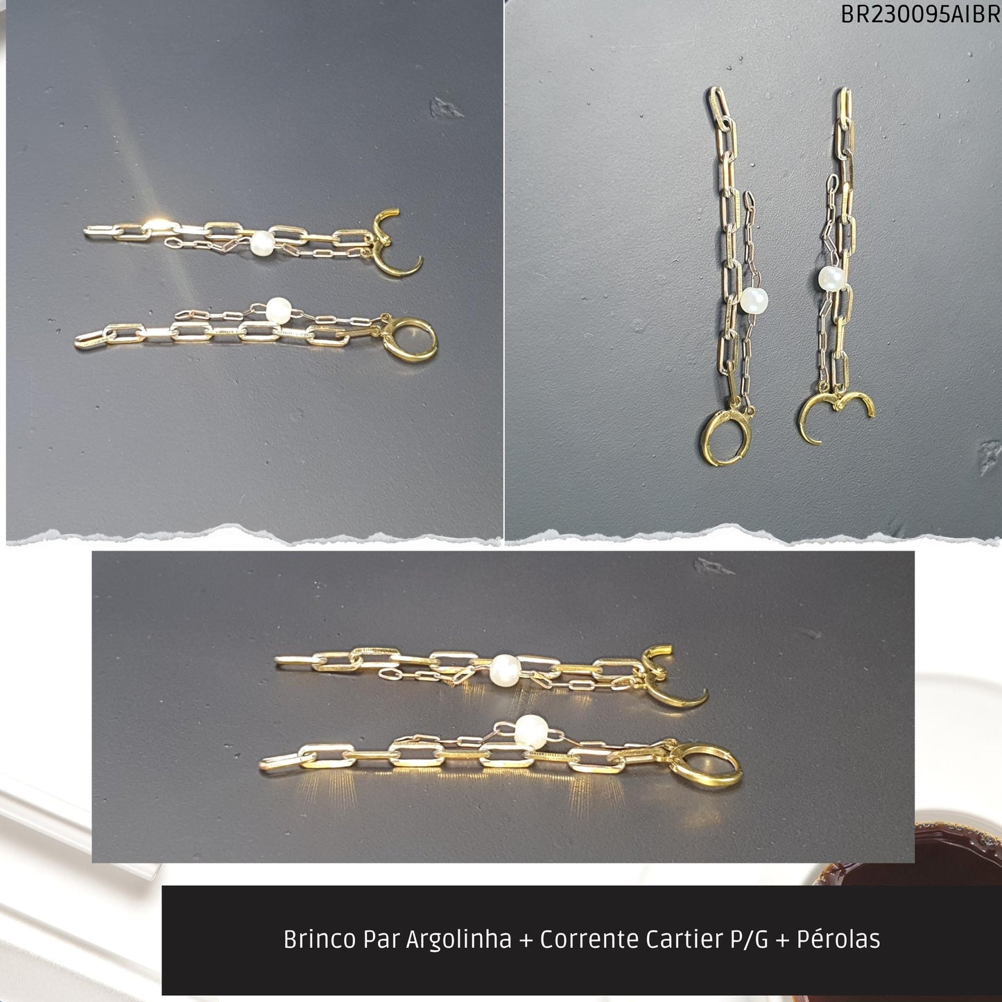 Brinco Par Argolinha + Corrente Cartier P/G + Pérolas  - Código.: BR230095AIBR  - Peso.: 4.5 gr
