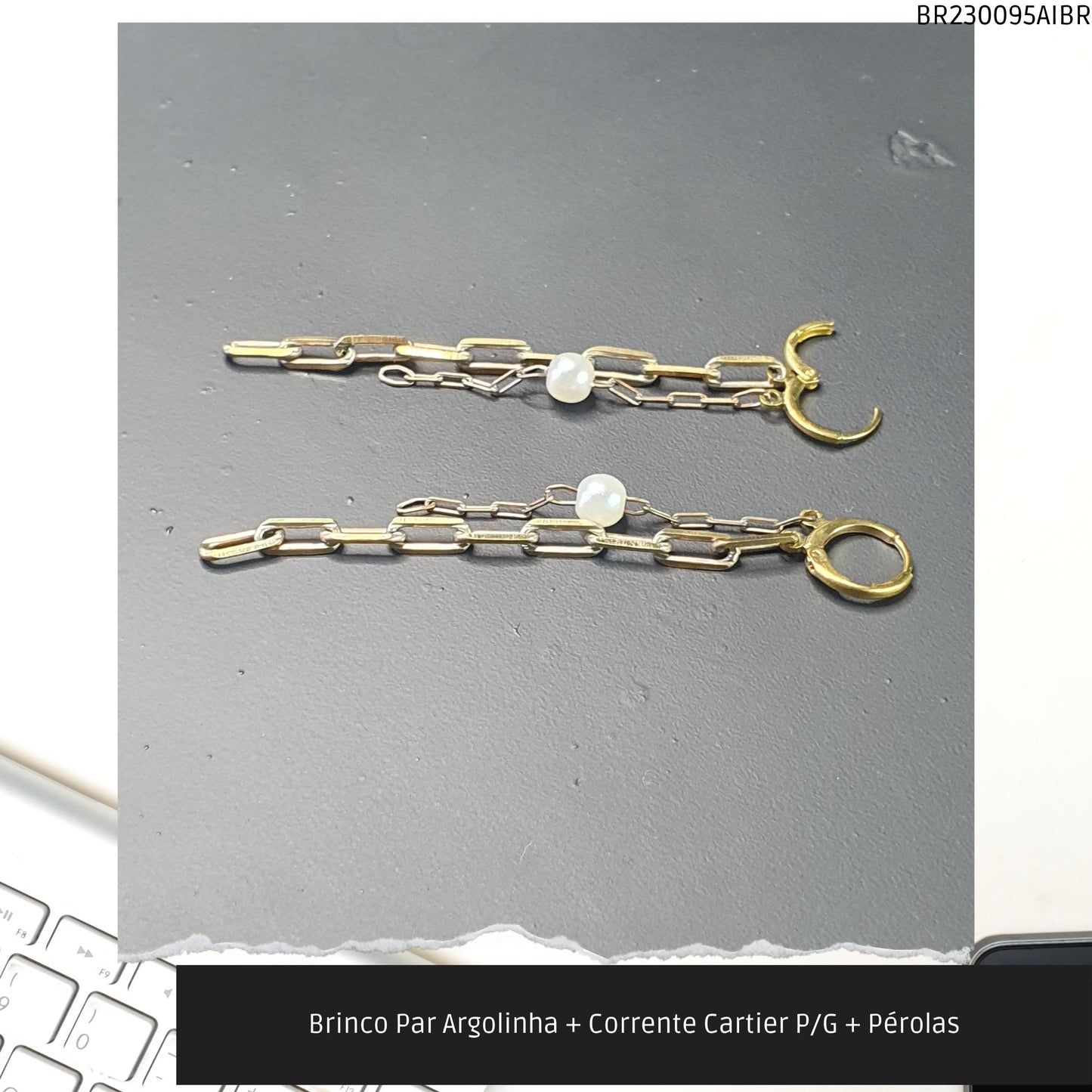 Brinco Par Argolinha + Corrente Cartier P/G + Pérolas  - Código.: BR230095AIBR  - Peso.: 4.5 gr