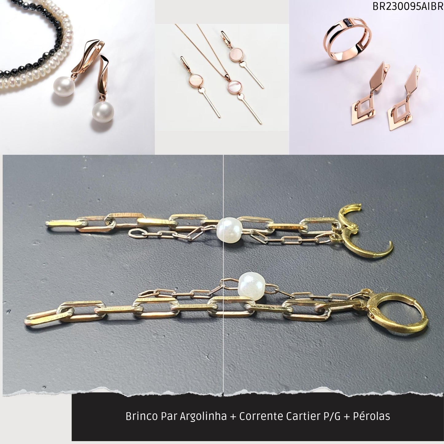 Brinco Par Argolinha + Corrente Cartier P/G + Pérolas  - Código.: BR230095AIBR  - Peso.: 4.5 gr