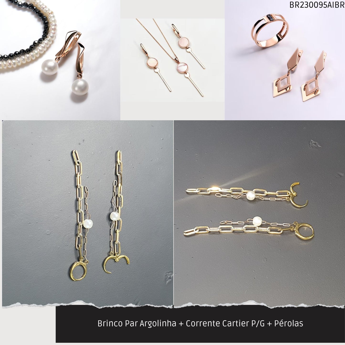 Brinco Par Argolinha + Corrente Cartier P/G + Pérolas  - Código.: BR230095AIBR  - Peso.: 4.5 gr