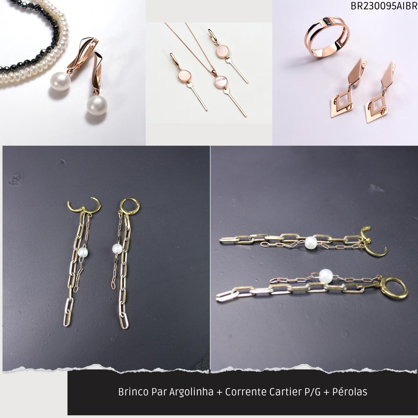 Brinco Par Argolinha + Corrente Cartier P/G + Pérolas  - Código.: BR230095AIBR  - Peso.: 4.5 gr