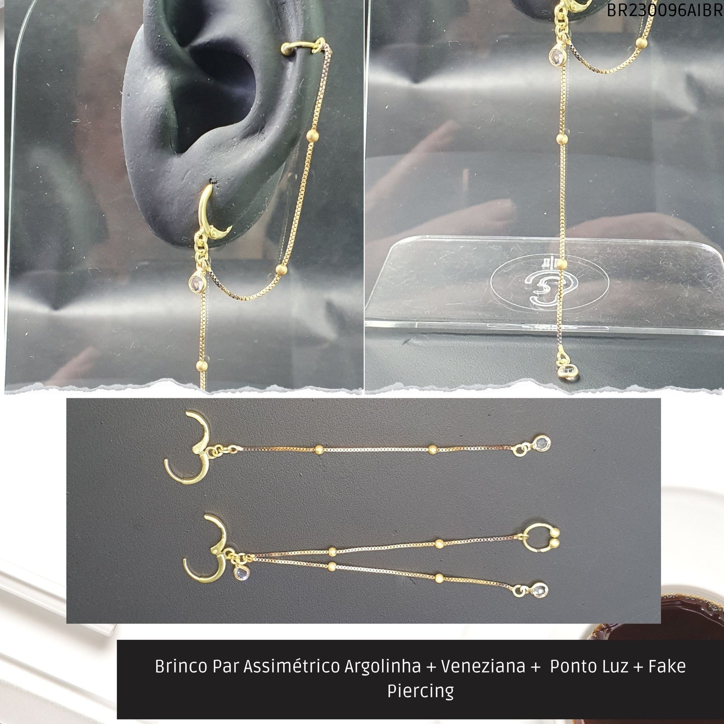 Brinco Par Assimétrico Argolinha + Veneziana +  Ponto Luz + Fake Piercing  - Código.: BR230096AIBR  - Peso.: 2.6 gr