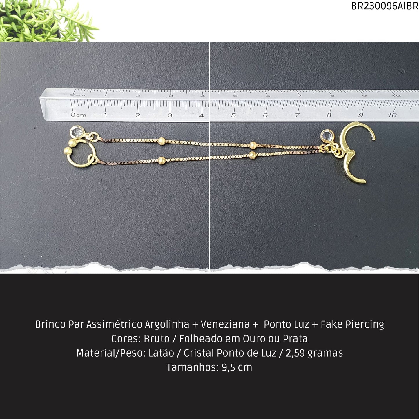 Brinco Par Assimétrico Argolinha + Veneziana +  Ponto Luz + Fake Piercing  - Código.: BR230096AIBR  - Peso.: 2.6 gr
