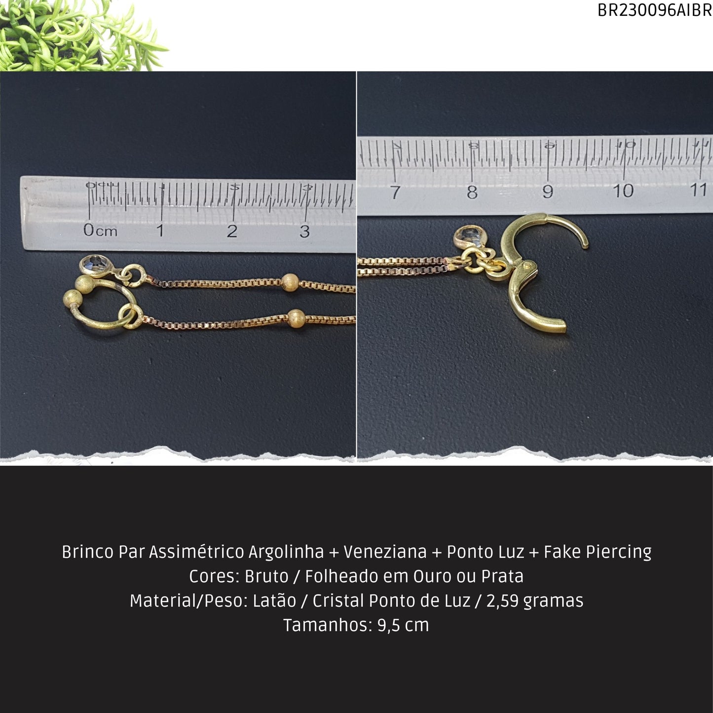 Brinco Par Assimétrico Argolinha + Veneziana +  Ponto Luz + Fake Piercing  - Código.: BR230096AIBR  - Peso.: 2.6 gr