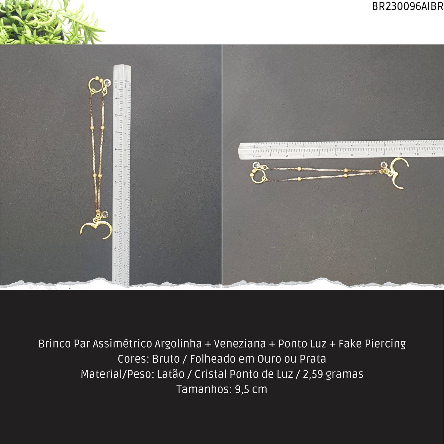 Brinco Par Assimétrico Argolinha + Veneziana +  Ponto Luz + Fake Piercing  - Código.: BR230096AIBR  - Peso.: 2.6 gr