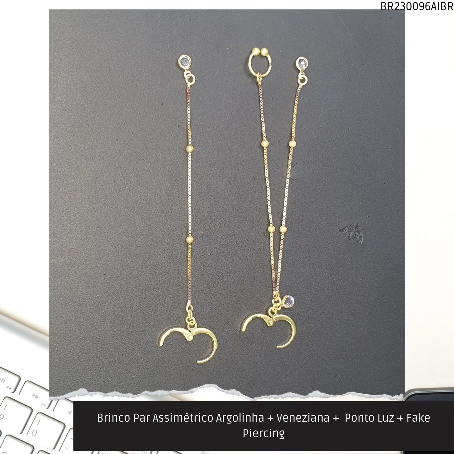 Brinco Par Assimétrico Argolinha + Veneziana +  Ponto Luz + Fake Piercing  - Código.: BR230096AIBR  - Peso.: 2.6 gr