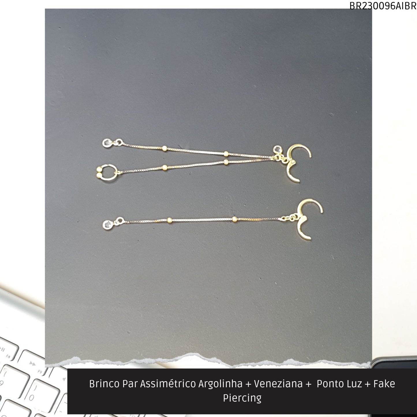 Brinco Par Assimétrico Argolinha + Veneziana +  Ponto Luz + Fake Piercing  - Código.: BR230096AIBR  - Peso.: 2.6 gr
