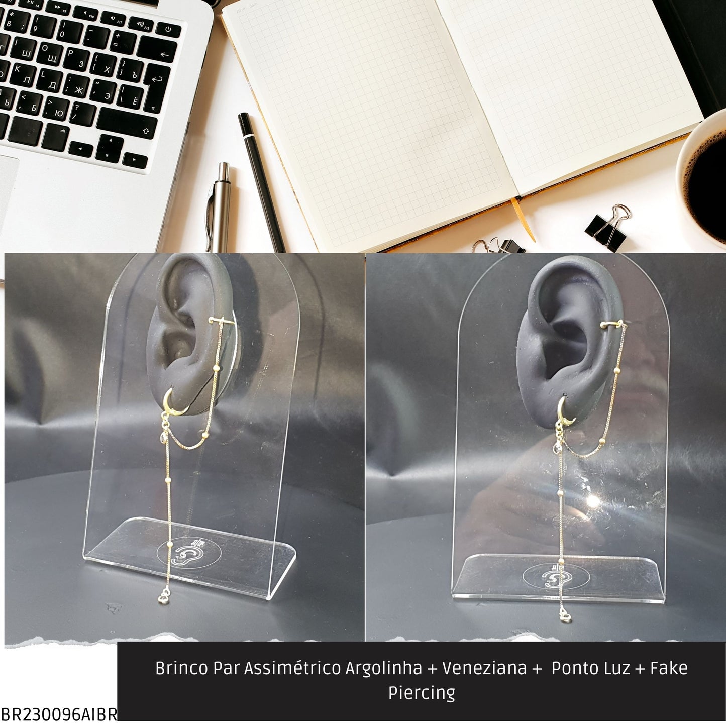 Brinco Par Assimétrico Argolinha + Veneziana +  Ponto Luz + Fake Piercing  - Código.: BR230096AIBR  - Peso.: 2.6 gr