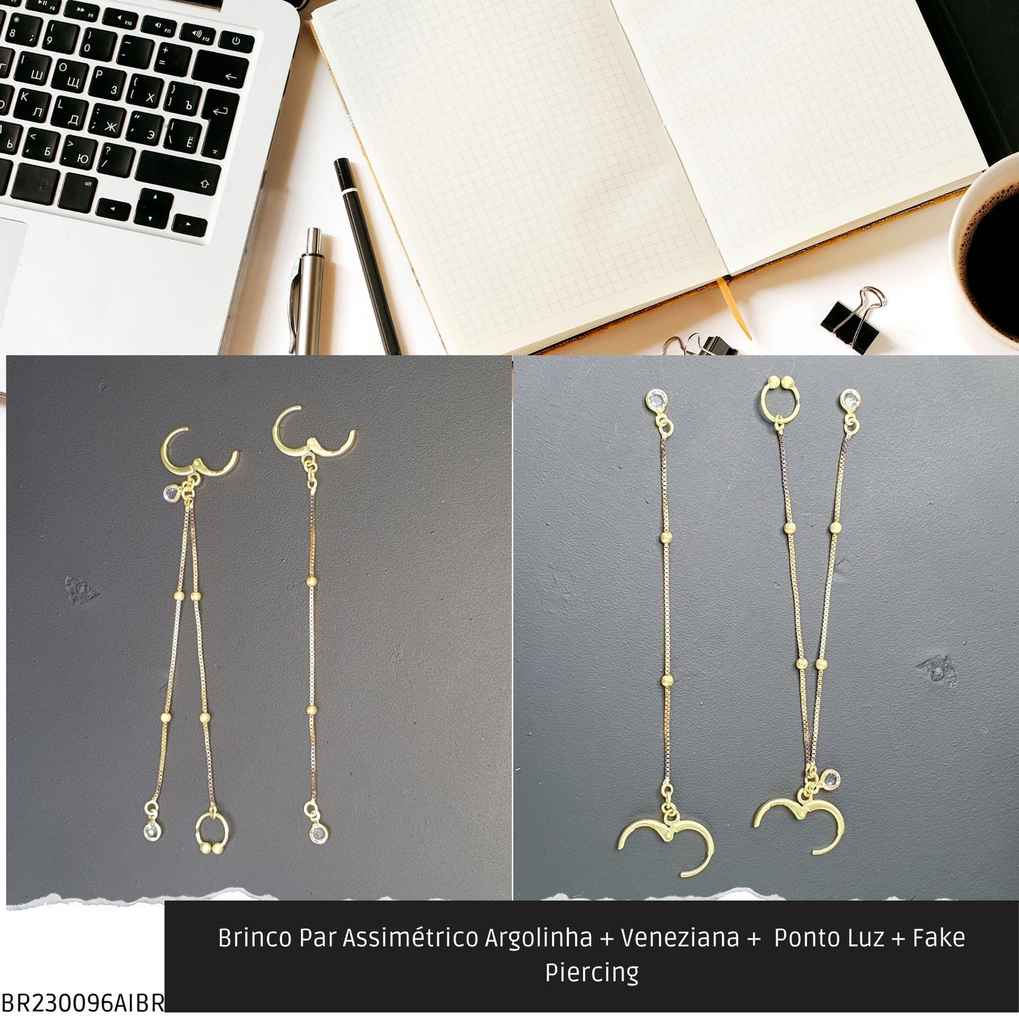 Brinco Par Assimétrico Argolinha + Veneziana +  Ponto Luz + Fake Piercing  - Código.: BR230096AIBR  - Peso.: 2.6 gr