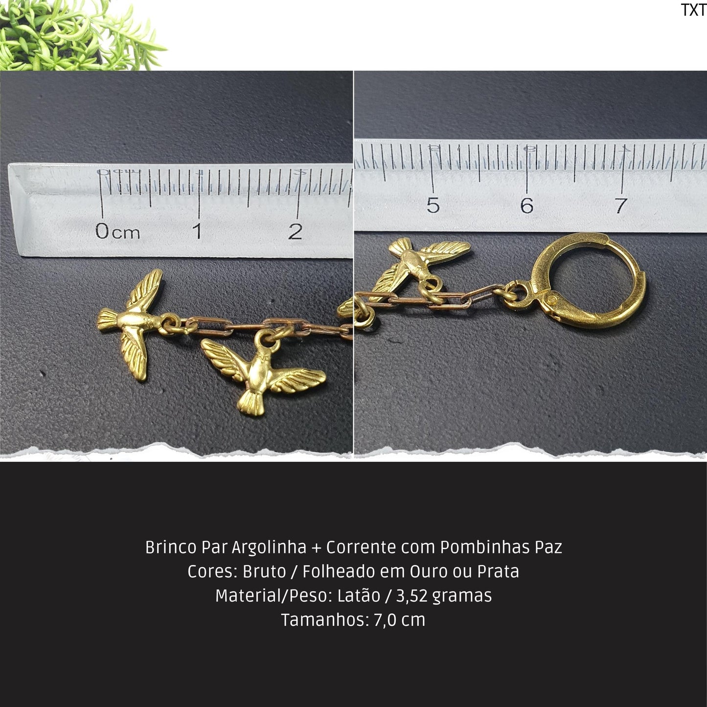 Brinco Par Argolinha + Corrente com Pombinhas Paz  - Código.: BR230097AIBR  - Peso.: 3.5 gr