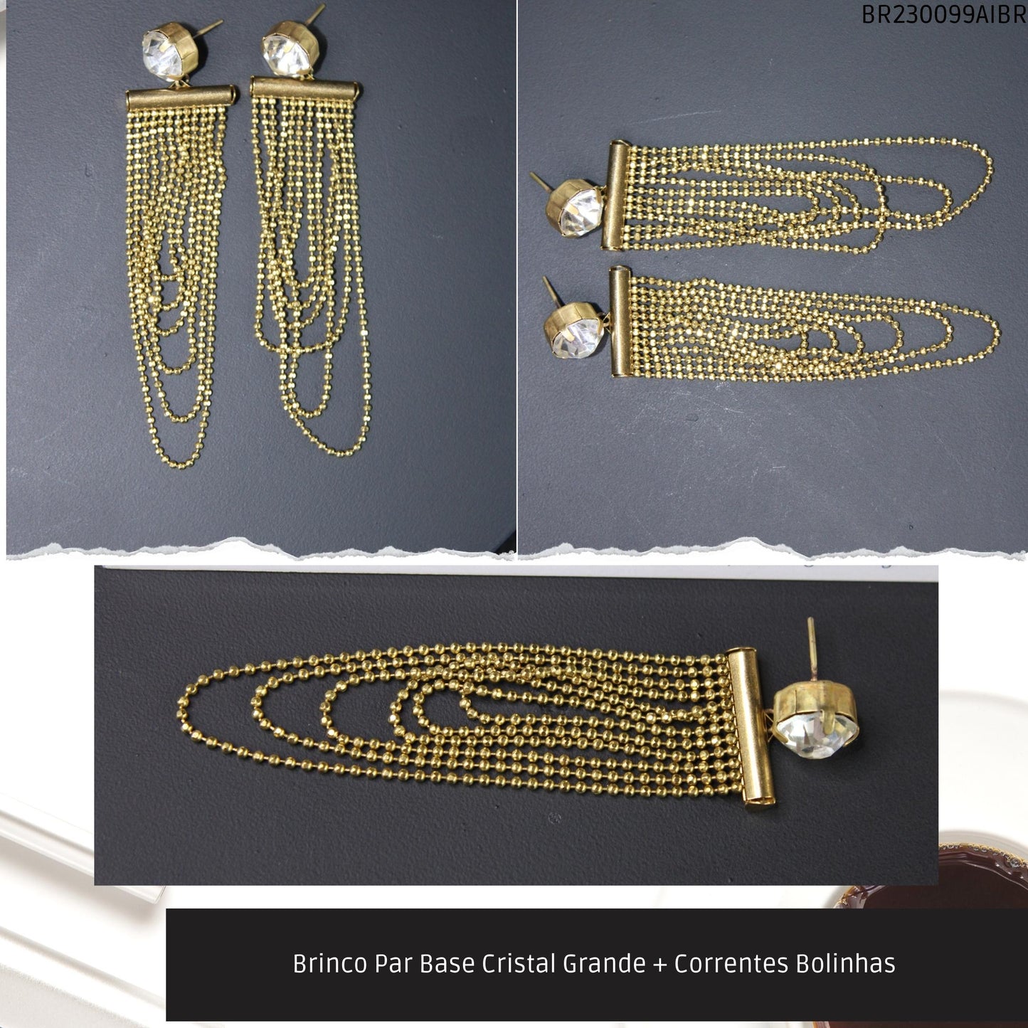 Brinco Par Base Cristal Grande + Correntes Bolinhas   - Código.: BR230099AIBR  - Peso.: 10.0 gr