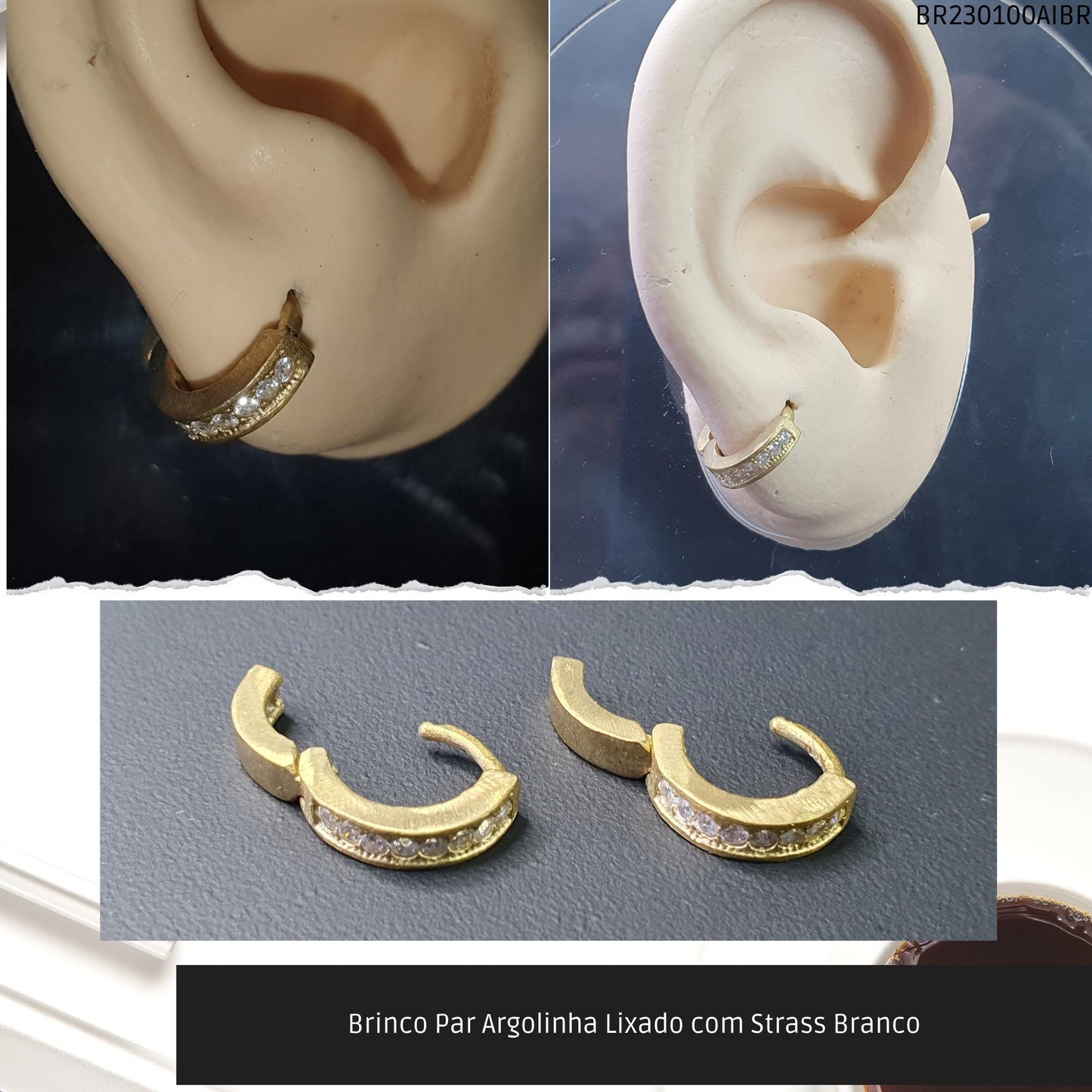 Brinco Par Argolinha Lixado com Strass Branco  - Código.: BR230100AIBR  - Peso.: 1.8 gr