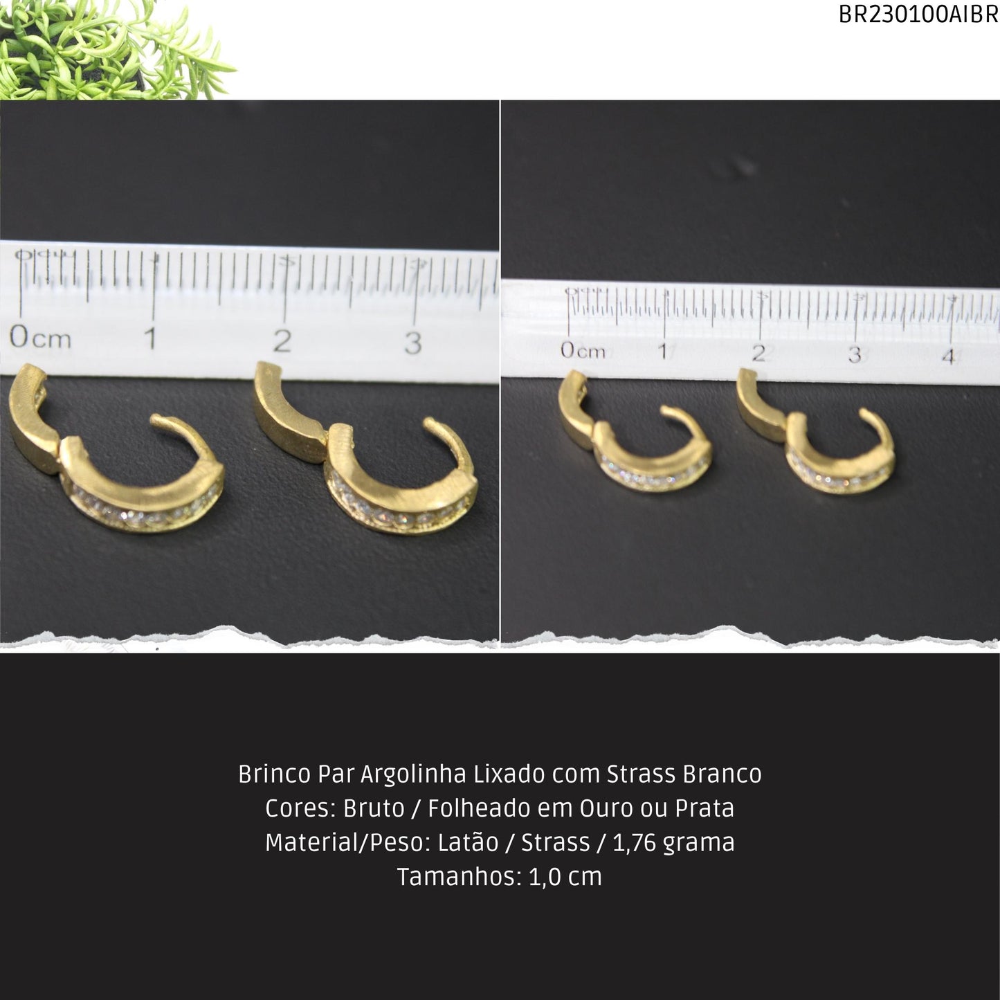 Brinco Par Argolinha Lixado com Strass Branco  - Código.: BR230100AIBR  - Peso.: 1.8 gr