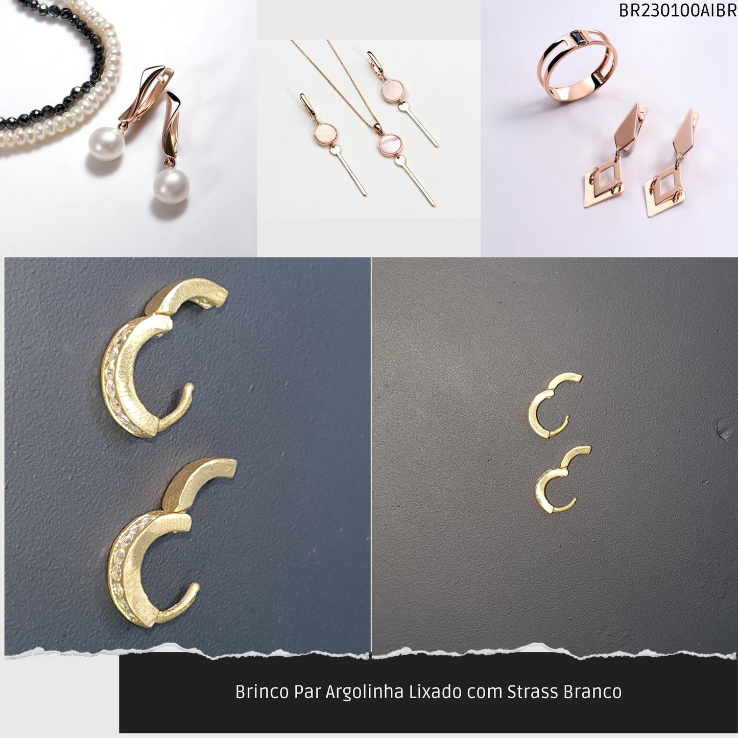 Brinco Par Argolinha Lixado com Strass Branco  - Código.: BR230100AIBR  - Peso.: 1.8 gr