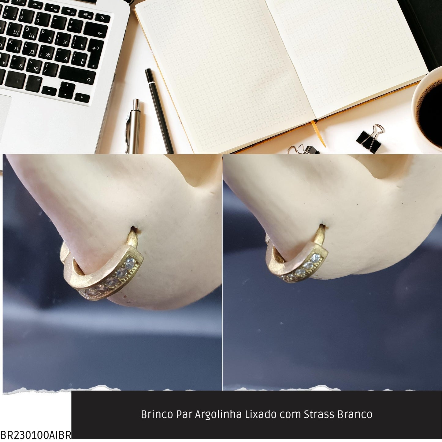 Brinco Par Argolinha Lixado com Strass Branco  - Código.: BR230100AIBR  - Peso.: 1.8 gr