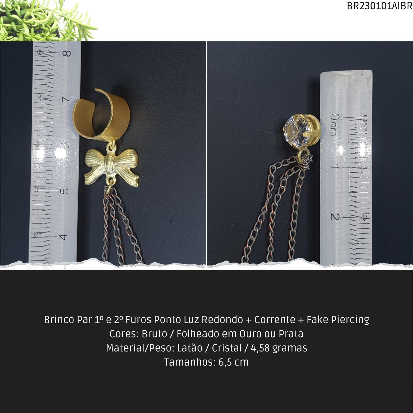 Brinco Par 1º e 2º Furos Ponto Luz Redondo + Corrente + Fake Piercing  - Código.: BR230101AIBR  - Peso.: 4.6 gr
