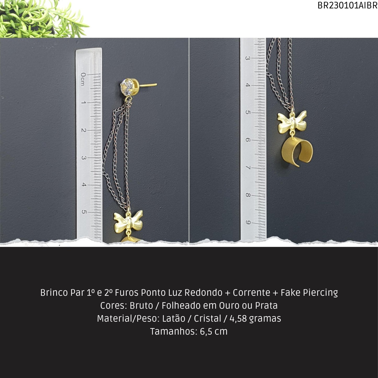 Brinco Par 1º e 2º Furos Ponto Luz Redondo + Corrente + Fake Piercing  - Código.: BR230101AIBR  - Peso.: 4.6 gr