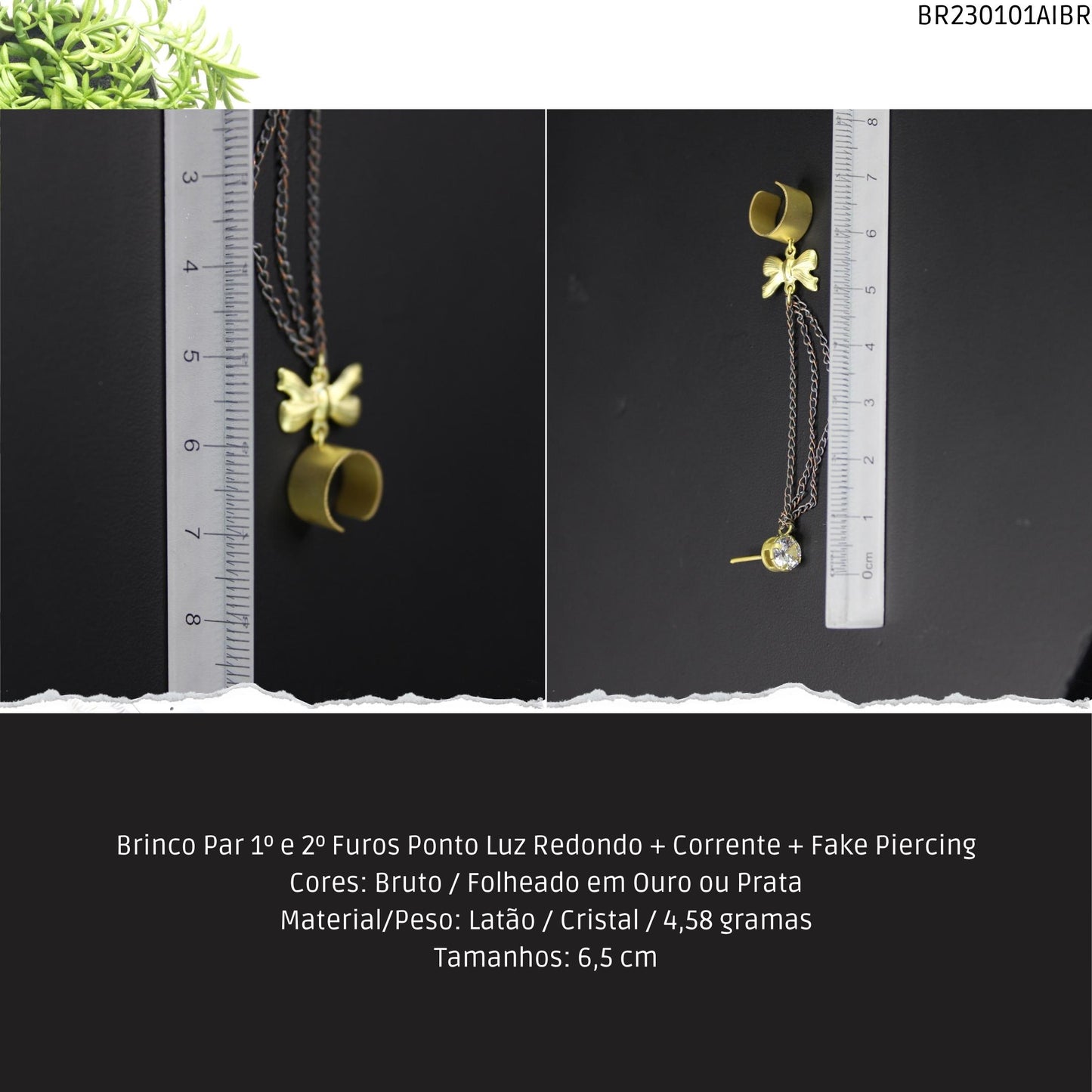 Brinco Par 1º e 2º Furos Ponto Luz Redondo + Corrente + Fake Piercing  - Código.: BR230101AIBR  - Peso.: 4.6 gr