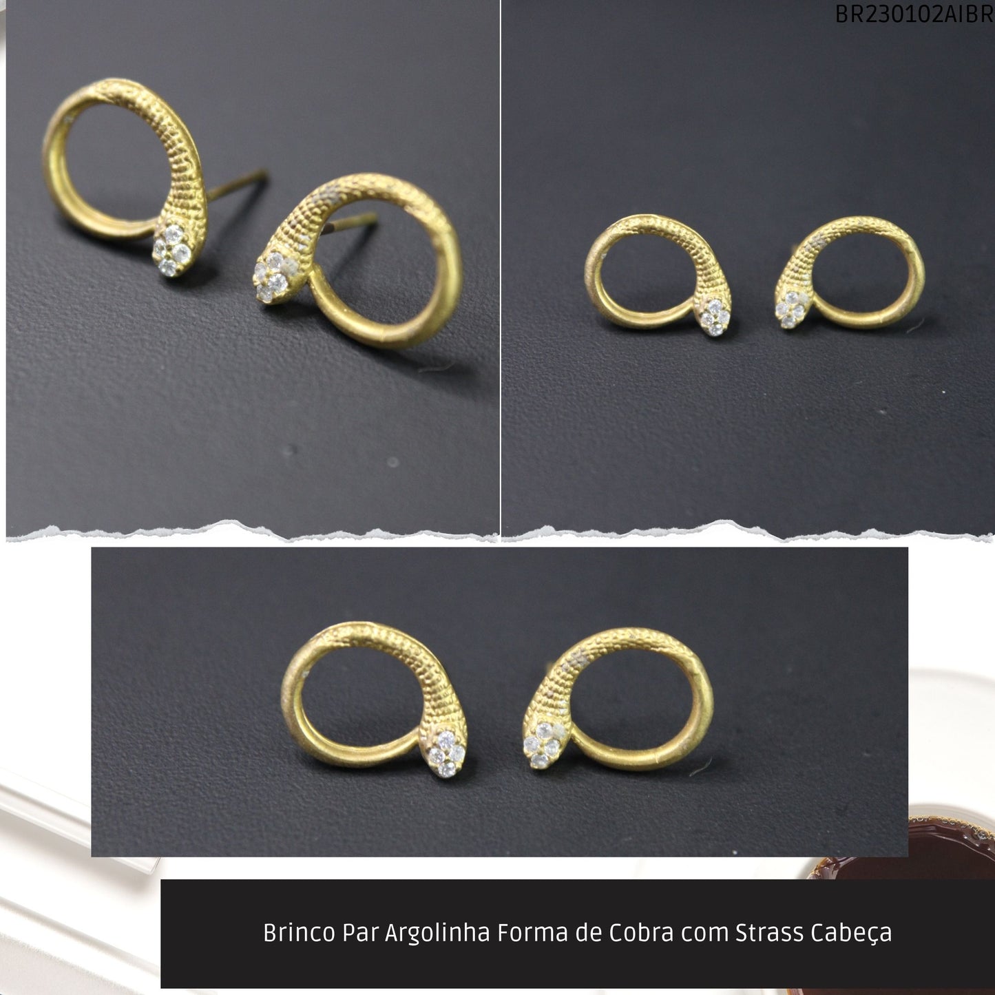Brinco Par Argolinha Forma de Cobra com Strass Cabeça  - Código.: BR230102AIBR  - Peso.: 1.3 gr